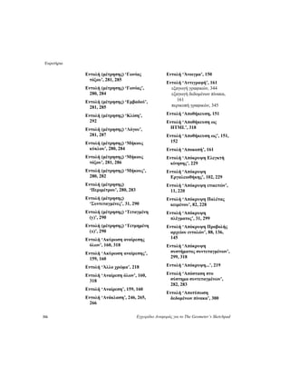 Ευρετήριο
316 Εγχειρίδιο Αναφοράς για το The Geometer’s Sketchpad
Εντολή (μέτρησης) ‘Γωνίας
τόξου’, 281, 285
Εντολή (μέτρησης) ‘Γωνίας’,
280, 284
Εντολή (μέτρησης) ‘Εμβαδού’,
281, 285
Εντολή (μέτρησης) ‘Κλίση’,
292
Εντολή (μέτρησης) ‘Λόγου’,
281, 287
Εντολή (μέτρησης) ‘Μήκους
κύκλου’, 280, 284
Εντολή (μέτρησης) ‘Μήκους
τόξου’, 281, 286
Εντολή (μέτρησης) ‘Μήκους’,
280, 282
Εντολή (μέτρησης)
‘Περιμέτρου’, 280, 283
Εντολή (μέτρησης)
‘Συντεταγμένες’, 31, 290
Εντολή (μέτρησης) ‘Τεταγμένη
(y)’, 290
Εντολή (μέτρησης) ‘Τετμημένη
(x)’, 290
Εντολή ‘Ακύρωση αναίρεσης
όλων’, 160, 318
Εντολή ‘Ακύρωση αναίρεσης’,
159, 160
Εντολή ‘Άλλο χρώμα’, 218
Εντολή ‘Αναίρεση όλων’, 160,
318
Εντολή ‘Αναίρεση’, 159, 160
Εντολή ‘Ανάκλαση’, 246, 265,
266
Εντολή ‘Άνοιγμα’, 150
Εντολή ‘Αντιγραφή’, 161
εξαγωγή γραφικών, 344
εξαγωγή δεδομένων πίνακα,
161
περικοπή γραφικών, 345
Εντολή ‘Αποθήκευση, 151
Εντολή ‘Αποθήκευση ως
HTML’, 318
Εντολή ‘Αποθήκευση ως’, 151,
152
Εντολή ‘Αποκοπή’, 161
Εντολή ‘Απόκρυψη Ελεγκτή
κίνησης’, 229
Εντολή ‘Απόκρυψη
Εργαλειοθήκης’, 102, 229
Εντολή ‘Απόκρυψη ετικετών’,
11, 220
Εντολή ‘Απόκρυψη Παλέτας
κειμένου’, 82, 228
Εντολή ‘Απόκρυψη
πλέγματος’, 31, 299
Εντολή ‘Απόκρυψη Προβολής
αρχείου εντολών’, 88, 136,
145
Εντολή ‘Απόκρυψη
συστήματος συντεταγμένων’,
299, 318
Εντολή ‘Απόκρυψη...’, 219
Εντολή ‘Απόσταση στο
σύστημα συντεταγμένων’,
282, 283
Εντολή ‘Αποτύπωση
δεδομένων πίνακα’, 300
 