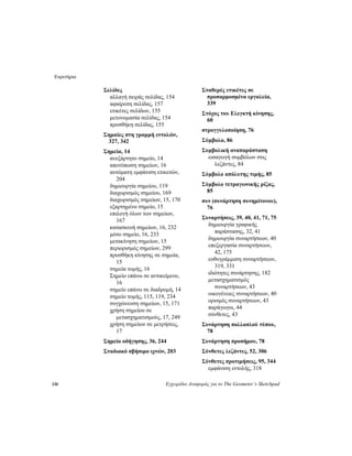 Ευρετήριο
330 Εγχειρίδιο Αναφοράς για το The Geometer’s Sketchpad
Σελίδες
αλλαγή σειράς σελίδας, 154
αφαίρεση σελίδας, 157
ετικέτες σελίδων, 155
μετονομασία σελίδας, 154
προσθήκη σελίδας, 155
Σημαίες στη γραμμή εντολών,
327, 342
Σημεία, 14
ανεξάρτητο σημείο, 14
αποτύπωση σημείων, 16
αυτόματη εμφάνιση ετικετών,
204
δημιουργία σημείου, 119
διαχωρισμός σημείου, 169
διαχωρισμός σημείων, 15, 170
εξαρτημένο σημείο, 15
επιλογή όλων των σημείων,
167
κατασκευή σημείων, 16, 232
μέσο σημείο, 16, 233
μετακίνηση σημείων, 15
περιορισμός σημείων, 299
προσθήκη κίνησης σε σημεία,
15
σημεία τομής, 16
Σημείο επάνω σε αντικείμενο,
16
σημείο επάνω σε διαδρομή, 14
σημείο τομής, 115, 119, 234
συγχώνευση σημείων, 15, 171
χρήση σημείου σε
μετασχηματισμούς, 17, 249
χρήση σημείων σε μετρήσεις,
17
Σημείο οδήγησης, 36, 244
Σταδιακό σβήσιμο ιχνών, 203
Σταθερές ετικέτες σε
προσαρμοσμένα εργαλεία,
339
Στόχος του Ελεγκτή κίνησης,
60
στρογγυλοποίηση, 76
Σύμβολα, 86
Συμβολική αναπαράσταση
εισαγωγή συμβόλων στις
λεζάντες, 84
Σύμβολο απόλυτης τιμής, 85
Σύμβολο τετραγωνικής ρίζας,
85
συν (συνάρτηση συνημίτονου),
76
Συναρτήσεις, 39, 40, 41, 71, 75
δημιουργία γραφικής
παράστασης, 32, 41
δημιουργία συναρτήσεων, 40
επεξεργασία συναρτήσεων,
42, 175
ευθυγράμμιση συναρτήσεων,
319, 331
ιδιότητες συνάρτησης, 182
μετασχηματισμός
συναρτήσεων, 43
οικογένειες συναρτήσεων, 40
ορισμός συναρτήσεων, 43
παράγωγοι, 44
σύνθετες, 43
Συνάρτηση πολλαπλού τύπου,
78
Συνάρτηση προσήμου, 78
Σύνθετες λεζάντες, 52, 306
Σύνθετες προτιμήσεις, 95, 344
εμφάνιση εντολής, 318
 