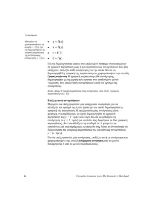 Αντικείμενα
36 Εγχειρίδιο Αναφοράς για το The Geometer’s Sketchpad
• )x(fy =Μπορείτε να
χρησιμοποιήσετε τη
μορφή x = f(y), για
να δημιουργήσετε τη
γραφική παράσταση
της αντίστροφης
συνάρτησης y = f(x).
• )y(fx =
• )(fr θ=
• )r(f=θ
Για να δημιουργήσετε επάνω στο επιλεγμένο σύστημα συντεταγμένων
τη γραφική παράσταση μιας ή και περισσότερων συναρτήσεων που ήδη
υπάρχουν, επιλέξτε κάθε συνάρτηση για την οποία θέλετε να
δημιουργηθεί η γραφική της παράσταση και χρησιμοποιήστε την εντολή
Γραφική παράσταση. Η γραφική παράσταση κάθε συνάρτησης
δημιουργείται με τη μορφή που ορίσατε στο αναδυόμενο μενού
‘Εξίσωση’ του υπολογιστή συναρτήσεων κατά τον ορισμό της
συνάρτησης.
Βλέπε επίσης: Γραφική παράσταση νέας συνάρτησης (σελ. 262), Γραφικές
παραστάσεις (σελ. 33)
Επεξεργασία συναρτήσεων
Μπορείτε να επεξεργαστείτε μία υπάρχουσα συνάρτηση για να
αλλάξετε τον ορισμό της ή τον τρόπο με τον οποίο δημιουργείται η
γραφική της παράσταση. Η επεξεργασία μίας συνάρτησης είναι
χρήσιμη, για παράδειγμα, αν έχετε δημιουργήσει τη γραφική
παράσταση της y = 2 · ημ(x) και τώρα θέλετε να αλλάξετε τη
συνάρτηση σε y = 3 · ημ(x) για να δείτε πώς διαφέρουν οι δύο γραφικές
παραστάσεις. Αντί να αλλάξετε τη σταθερά σε 3, μπορείτε να
εισαγάγετε μία νέα παράμετρο, η οποία θα σας δώσει τη δυνατότητα να
διερευνήσετε τις γραφικές παραστάσεις της οικογένειας συναρτήσεων
y = α · ημ(x).
Για να επεξεργαστείτε μία συνάρτηση, επιλέξτε αυτή τη συνάρτηση και
χρησιμοποιήστε την εντολή Επεξεργασία συνάρτησης από το μενού
Επεξεργασία ή από το μενού Περιβάλλοντος.
 