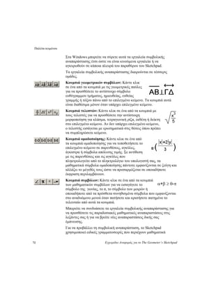 Παλέτα κειμένου
72 Εγχειρίδιο Αναφοράς για το The Geometer’s Sketchpad
Στα Windows μπορείτε να σύρετε αυτά τα εργαλεία συμβολικής
αναπαράστασης έτσι ώστε να είναι κινούμενα εργαλεία ή να
αγκυρωθούν σε κάποια πλευρά του παραθύρου του Sketchpad.
Τα εργαλεία συμβολικής αναπαράστασης διαιρούνται σε τέσσερις
ομάδες.
Κουμπιά γεωμετρικών συμβόλων: Κάντε κλικ
σε ένα από τα κουμπιά με τις γεωμετρικές παύλες
για να προσθέσετε το αντίστοιχο σύμβολο
ευθύγραμμου τμήματος, ημιευθείας, ευθείας
γραμμής ή τόξου πάνω από το επιλεγμένο κείμενο. Τα κουμπιά αυτά
είναι διαθέσιμα μόνον όταν υπάρχει επιλεγμένο κείμενο.
Κουμπιά τελεστών: Κάντε κλικ σε ένα από τα κουμπιά με
τους τελεστές για να προσθέσετε την αντίστοιχη
μορφοποίηση για κλάσμα, τετραγωνική ρίζα, εκθέτη ή δείκτη
στο επιλεγμένο κείμενο. Αν δεν υπάρχει επιλεγμένο κείμενο,
ο τελεστής εισάγεται με ερωτηματικά στις θέσεις όπου πρέπει
να συμπληρώσετε κείμενο.
x
3
5
Κουμπιά ομαδοποίησης: Κάντε κλικ σε ένα από
τα κουμπιά ομαδοποίησης για να τοποθετήσετε το
επιλεγμένο κείμενο σε παρενθέσεις, αγκύλες,
άγκιστρα ή σύμβολα απόλυτης τιμής. Σε αντίθεση
με τις παρενθέσεις και τις αγκύλες που
πληκτρολογείτε από το πληκτρολόγιο του υπολογιστή σας, τα
μαθηματικά σύμβολα ομαδοποίησης πάντοτε εμφανίζονται σε ζεύγη και
αλλάζει το μέγεθός τους ώστε να προσαρμόζεται σε οποιαδήποτε
έκφραση περιλαμβάνουν.
Κουμπιά συμβόλων: Κάντε κλικ σε ένα από τα κουμπιά
των μαθηματικών συμβόλων για να εισαγάγετε το
σύμβολο της γωνίας, το π, το σύμβολο των μοιρών ή
οποιαδήποτε από τα πρόσθετα συνηθισμένα σύμβολα που εμφανίζονται
στο αναδυόμενο μενού όταν πατήσετε και κρατήσετε πατημένο το
τελευταίο από αυτά τα κουμπιά.
α+β ≥ θ-π
Μπορείτε να συνδυάσετε τα εργαλεία συμβολικής αναπαράστασης για
να προσθέσετε τις παραδοσιακές μαθηματικές αναπαραστάσεις στις
λεζάντες σας ή για να βρείτε νέες αναπαραστάσεις δικής σας
έμπνευσης.
Για να προβάλλει τη συμβολική αναπαράσταση, το Sketchpad
χρησιμοποιεί ειδικές γραμματοσειρές που περιέχουν μαθηματικά
 