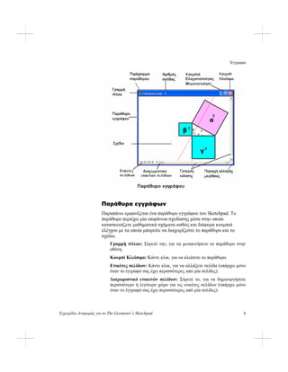 Έγγραφα
Εγχειρίδιο Αναφοράς για το The Geometer’s Sketchpad 5
Παράθυρα εγγράφων
Παραπάνω εμφανίζεται ένα παράθυρο εγγράφου του Sketchpad. Το
παράθυρο περιέχει μία επιφάνεια σχεδίασης μέσα στην οποία
κατασκευάζετε μαθηματικά σχήματα καθώς και διάφορα κουμπιά
ελέγχου με τα οποία μπορείτε να διαχειρίζεστε το παράθυρο και το
σχέδιο.
Γραμμή τίτλου: Σύρετέ την, για να μετακινήσετε το παράθυρο στην
οθόνη.
Κουμπί Κλείσιμο: Κάντε κλικ, για να κλείσετε το παράθυρο.
Ετικέτες σελίδων: Κάντε κλικ, για να αλλάξετε σελίδα (υπάρχει μόνο
όταν το έγγραφό σας έχει περισσότερες από μία σελίδες).
Διαχωριστικό ετικετών σελίδων: Σύρετέ το, για να δημιουργήσετε
περισσότερο ή λιγότερο χώρο για τις ετικέτες σελίδων (υπάρχει μόνο
όταν το έγγραφό σας έχει περισσότερες από μία σελίδες).
 