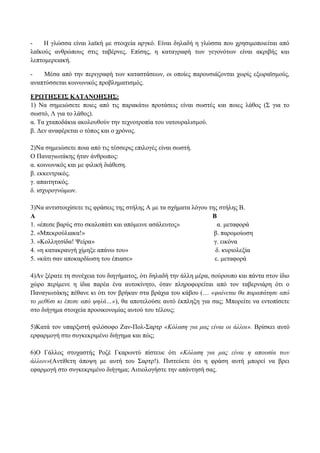 - Η γλώσσα είναι λαϊκή με στοιχεία αργκό. Είναι δηλαδή η γλώσσα που χρησιμοποιείται από
λαϊκούς ανθρώπους στις ταβέρνες. Επίσης, η καταγραφή των γεγονότων είναι ακριβής και
λεπτομερειακή.
- Μέσα από την περιγραφή των καταστάσεων, οι οποίες παρουσιάζονται χωρίς εξωραϊσμούς,
αναπτύσσεται κοινωνικός προβληματισμός.
ΕΡΩΤΗΣΕΙΣ ΚΑΤΑΝΟΗΣΗΣ:
1) Να σημειώσετε ποιες από τις παρακάτω προτάσεις είναι σωστές και ποιες λάθος (Σ για το
σωστό, Λ για το λάθος).
α. Τα χταποδάκια ακολουθούν την τεχνοτροπία του νατουραλισμού.
β. Δεν αναφέρεται ο τόπος και ο χρόνος.
2)Να σημειώσετε ποια από τις τέσσερις επιλογές είναι σωστή.
Ο Παναγιωτάκης ήταν άνθρωπος:
α. κοινωνικός και με φιλική διάθεση.
β. εκκεντρικός.
γ. απαιτητικός.
δ. ισχυρογνώμων.
3)Να αντιστοιχίσετε τις φράσεις της στήλης Α με τα σχήματα λόγου της στήλης Β.
Α Β
1. «έπεσε βαρύς στο σκαλοπάτι και απόμεινε ασάλευτος» α. μεταφορά
2. «Μπεκρούλιακα!» β. παρομοίωση
3. «Κολλητσίδα! Ψείρα» γ. εικόνα
4. «η κατακραυγή χίμηξε απάνω του» δ. κυριολεξία
5. «κάτι σαν αποκαρδίωση του έπιασε» ε. μεταφορά
4)Αν ξέρατε τη συνέχεια του διηγήματος, ότι δηλαδή την άλλη μέρα, σούρουπο και πάντα στον ίδιο
χώρο περίμενε η ίδια παρέα ένα αυτοκίνητο, όταν πληροφορείται από τον ταβερνιάρη ότι ο
Παναγιωτάκης πέθανε κι ότι τον βρήκαν στα βράχια του κάβου (… «φαίνεται θα παραπάτησε από
το μεθύσι κι έπεσε από ψηλά…»), θα αποτελούσε αυτό έκπληξη για σας; Μπορείτε να εντοπίσετε
στο διήγημα στοιχεία προοικονομίας αυτού του τέλους;
5)Κατά τον υπαρξιστή φιλόσοφο Ζαν-Πολ-Σαρτρ «Κόλαση για μας είναι οι άλλοι». Βρίσκει αυτό
ερφαρμογή στο συγκεκριμένο διήγημα και πώς;
6)Ο Γάλλος στοχαστής Ροζέ Γκαρωντύ πίστευε ότι «Κόλαση για μας είναι η απουσία των
άλλων»(Αντίθετη άποψη με αυτή του Σαρτρ!). Πιστεύετε ότι η φράση αυτή μπορεί να βρει
εφαρμογή στο συγκεκριμένο διήγημα; Αιτιολογήστε την απάντησή σας.
 