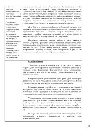 118
особенностях
поведения и
взаимоотношений
мальчиков и
девочек, принятых
в обществе.
Способствует
освоению детьми
разных форм
сотрудничества в
совместной
деятельности.
Создает ситуации,
при которых у
ребёнка появляется
возможность и
необходимость
принимать
самостоятельное
решение ,быть
ответственным за
его выполнение
конструирование в ходе совместной деятельности. Дети подготовительной к
школе группы в значительной степени освоили конструирование из
строительного материала. Они свободно владеют обобщенными способами
анализа как изображений, так и построек; не только анализируют основные
конструктивные особенности различных деталей, но и определяют их форму
на основе сходства со знакомыми им объемными предметами. Свободные
постройки становятся симметричными и пропорциональными, их
строительство осуществляетсяна основе зрительной ориентировки.
Дети быстро и правильно подбирают необходимый материал. Они
достаточно точно представляют себе последовательность, в которой будет
осуществляться постройка, и материал, который понадобится для ее
выполнения; способны выполнять различные по степени сложности
постройки как по собственному замыслу,так и по условиям.
Продолжает совершенствоваться восприятие цвета, формы и
величины, строения предметов; систематизируются представления детей.
Они называют не только основные цвета и их оттенки, но и промежуточные
цветовые оттенки; форму прямоугольников, овалов, треугольников.
Воспринимают величину объектов, легко выстраивают в ряд — по
возрастанию или убыванию — до 10 различных предметов.
Речевое развитие.
Продолжает совершенствоваться речь, в том числе ее звуковая
сторона. Дети могут правильно воспроизводить шипящие, свистящие и
сонорные звуки. Развиваются фонематический слух, интонационная
выразительность речи при чтении стихов в сюжетно-ролевой игре и в
повседневной жизни.
Совершенствуется грамматический строй речи. Дети используют
практически все части речи, активно занимаются словотворчеством. Богаче
становится лексика:активно используются синонимы и антонимы.
Развивается связная речь. Дети могут пересказывать, рассказывать
по картинке, передавая не только главное, но и детали. Продолжают
развиваться навыки обобщения и рассуждения, но они в значительной
степени еще ограничиваются наглядными признаками ситуации.
У дошкольников продолжает развиваться речь: ее звуковая сторона,
грамматический строй, лексика. Развивается связная речь. В высказываниях
детей отражаются как расширяющийся словарь, так и характер общения,
формирующихся в этом возрасте. Дети начинают активно употреблять
обобщающие существительные, синонимы, антонимы, прилагательные и
т.д.
В результате правильно организованной образовательной работы
дошкольников развиваются диалогическая и некоторые виды
монологической речи.
 