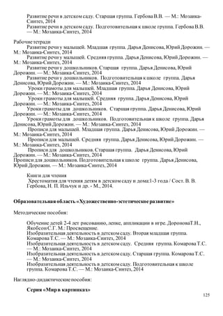 125
Развитие речи в детском саду. Старшая группа. ГербоваВ.В. — М.: Мозаика-
Синтез, 2014
Развитие речи в детском саду. Подготовительная к школе группа. ГербоваВ.В.
— М.: Мозаика-Синтез, 2014
Рабочиететради
Развитие речиу малышей. Младшая группа. Дарья Денисова, ЮрийДорожин. —
М.: Мозаика-Синтез, 2014
Развитие речиу малышей. Средняя группа. Дарья Денисова, ЮрийДорожин. —
М.: Мозаика-Синтез, 2014
Развитие речи у дошкольников. Старшая группа. Дарья Денисова, Юрий
Дорожин. — М.: Мозаика-Синтез, 2014
Развитие речиу дошкольников. Подготовительная кшколе группа. Дарья
Денисова, ЮрийДорожин. — М.: Мозаика-Синтез, 2014
Уроки грамоты для малышей. Младшая группа. Дарья Денисова, Юрий
Дорожин. — М.: Мозаика-Синтез, 2014
Уроки грамоты для малышей. Средняя группа. Дарья Денисова, Юрий
Дорожин. — М.: Мозаика-Синтез, 2014
Урокиграмоты для дошкольников. Старшая группа. Дарья Денисова, Юрий
Дорожин. — М.: Мозаика-Синтез, 2014
Урокиграмоты для дошкольников. Подготовительная к школе группа. Дарья
Денисова, ЮрийДорожин. — М.: Мозаика-Синтез, 2014
Прописидля малышей. Младшая группа. Дарья Денисова, Юрий Дорожин. —
М.: Мозаика-Синтез, 2014
Прописидля малышей. Средняя группа. Дарья Денисова, ЮрийДорожин. —
М.: Мозаика-Синтез, 2014
Прописидля дошкольников. Старшая группа. Дарья Денисова, Юрий
Дорожин. — М.: Мозаика-Синтез, 2014
Прописидля дошкольников. Подготовительная кшколе группа. Дарья Денисова,
ЮрийДорожин. — М.: Мозаика-Синтез, 2014
Книги для чтения
Хрестоматия для чтения детям в детском саду и дома:1-3 года / Сост. В. В.
Гербова, Н. П. Ильчук и др. - М., 2014.
Образовательнаяобласть «Художественно-эстетическоеразвитие»
Методические пособия:
Обучение детей 2-4 лет рисованию, лепке, аппликации в игре. ДороноваТ.Н.,
ЯкобсонС.Г. М.: Просвещение.
Изобразительная деятельность в детском саду. Вторая младшая группа.
КомароваТ.С. — М.: Мозаика-Синтез, 2014
Изобразительная деятельность в детском саду. Средняя группа. КомароваТ.С.
— М.: Мозаика-Синтез, 2014
Изобразительная деятельность в детском саду. Старшая группа. КомароваТ.С.
— М.: Мозаика-Синтез, 2014
Изобразительная деятельность в детском саду. Подготовительная к школе
группа. КомароваТ.С. — М.: Мозаика-Синтез, 2014
Наглядно-дидактическиепособия:
Серия «Мирв картинках»
 