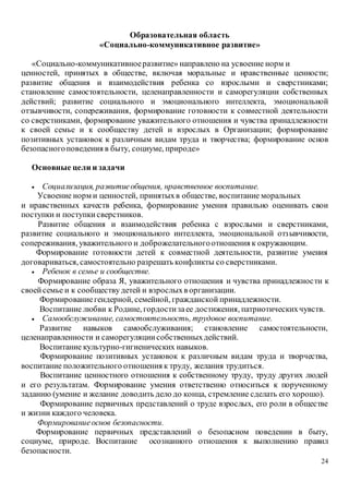 24
Образовательная область
«Социально-коммуникативное развитие»
«Социально-коммуникативноеразвитие» направлено на усвоение норм и
ценностей, принятых в обществе, включая моральные и нравственные ценности;
развитие общения и взаимодействия ребенка со взрослыми и сверстниками;
становление самостоятельности, целенаправленности и саморегуляции собственных
действий; развитие социального и эмоционального интеллекта, эмоциональной
отзывчивости, сопереживания, формирование готовности к совместной деятельности
со сверстниками, формирование уважительного отношения и чувства принадлежности
к своей семье и к сообществу детей и взрослых в Организации; формирование
позитивных установок к различным видам труда и творчества; формирование основ
безопасногоповедения в быту, социуме, природе»
Основные цели и задачи
 Социализация, развитиеобщения, нравственное воспитание.
Усвоение норм и ценностей, принятыхв обществе, воспитание моральных
и нравственных качеств ребенка, формирование умения правильно оценивать свои
поступки и поступкисверстников.
Развитие общения и взаимодействия ребенка с взрослыми и сверстниками,
развитие социального и эмоционального интеллекта, эмоциональной отзывчивости,
сопереживания, уважительного и доброжелательногоотношения к окружающим.
Формирование готовности детей к совместной деятельности, развитие умения
договариваться, самостоятельно разрешать конфликты со сверстниками.
 Ребенок в семье и сообществе.
Формирование образа Я, уважительного отношения и чувства принадлежности к
своейсемье и к сообществу детей и взрослыхв организации.
Формированиегендерной, семейной, гражданской принадлежности.
Воспитание любви к Родине, гордостизаее достижения, патриотическихчувств.
 Самообслуживание, самостоятельность, трудовое воспитание.
Развитие навыков самообслуживания; становление самостоятельности,
целенаправленности и саморегуляциисобственныхдействий.
Воспитание культурно-гигиенических навыков.
Формирование позитивных установок к различным видам труда и творчества,
воспитание положительного отношения к труду, желания трудиться.
Воспитание ценностного отношения к собственному труду, труду других людей
и его результатам. Формирование умения ответственно относиться к порученному
заданию (умение и желание доводить дело до конца, стремление сделать его хорошо).
Формирование первичных представлений о труде взрослых, его роли в обществе
и жизни каждого человека.
Формированиеоснов безопасности.
Формирование первичных представлений о безопасном поведении в быту,
социуме, природе. Воспитание осознанного отношения к выполнению правил
безопасности.
 