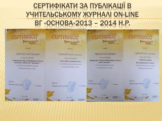 СЕРТИФІКАТИ ЗА ПУБЛІКАЦІЇ В
УЧИТЕЛЬСЬКОМУ ЖУРНАЛІ ОN-LINE
ВГ «ОСНОВА»2013 – 2014 Н.Р.
 