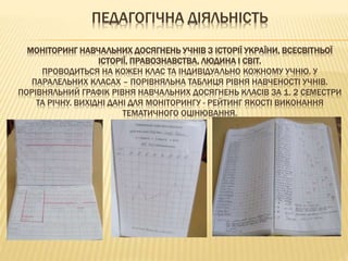 ПЕДАГОГІЧНА ДІЯЛЬНІСТЬ
МОНІТОРИНГ НАВЧАЛЬНИХ ДОСЯГНЕНЬ УЧНІВ З ІСТОРІЇ УКРАЇНИ, ВСЕСВІТНЬОЇ
ІСТОРІЇ, ПРАВОЗНАВСТВА, ЛЮДИНА І СВІТ.
ПРОВОДИТЬСЯ НА КОЖЕН КЛАС ТА ІНДИВІДУАЛЬНО КОЖНОМУ УЧНЮ. У
ПАРАЛЕЛЬНИХ КЛАСАХ – ПОРІВНЯЛЬНА ТАБЛИЦЯ РІВНЯ НАВЧЕНОСТІ УЧНІВ.
ПОРІВНЯЛЬНИЙ ГРАФІК РІВНЯ НАВЧАЛЬНИХ ДОСЯГНЕНЬ КЛАСІВ ЗА 1, 2 СЕМЕСТРИ
ТА РІЧНУ. ВИХІДНІ ДАНІ ДЛЯ МОНІТОРИНГУ - РЕЙТИНГ ЯКОСТІ ВИКОНАННЯ
ТЕМАТИЧНОГО ОЦІНЮВАННЯ.
 