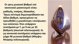 Oι τρεις μυητικοί βαθμοί τού
κανονικού μασονισμού είναι:
μαθητής, εταίρος, δάσκαλος.
Όμως σύντομα δημιουργήθησαν και
άλλοι βαθμοί, προκειμένου να
προωθηθεί η μεγαλύτερη «ανύψωση»
των εκλεκτών. Έτσι υπάρχουν
συστήματα με 7, με 9 και με 33
βαθμούς (σκωτικό τελετουργικό). Σε
μη κανονικά συστήματα υπάρχουν και
μέχρι 90 μυητικοί βαθμοί (Μέμφις-
Μισραϊμ τελετουργικό).
 