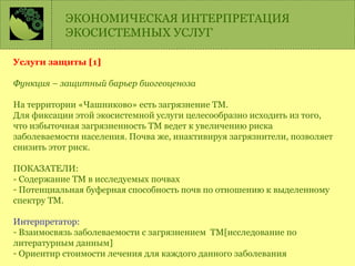 Услуги защиты [1]
Функция – защитный барьер биогеоценоза
На территории «Чашниково» есть загрязнение ТМ.
Для фиксации этой экосистемной услуги целесообразно исходить из того,
что избыточная загрязненность ТМ ведет к увеличению риска
заболеваемости населения. Почва же, инактивируя загрязнители, позволяет
снизить этот риск.
ПОКАЗАТЕЛИ:
- Содержание ТМ в исследуемых почвах
- Потенциальная буферная способность почв по отношению к выделенному
спектру ТМ.
Интерпретатор:
- Взаимосвязь заболеваемости с загрязнением ТМ[исследование по
литературным данным]
- Ориентир стоимости лечения для каждого данного заболевания
ЭКОНОМИЧЕСКАЯ ИНТЕРПРЕТАЦИЯ
ЭКОСИСТЕМНЫХ УСЛУГ
 