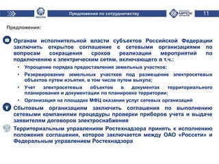 Предложения по сотрудничеству 11
Предложения:
- Органам исполнительной власти субъектов Российской Федерации
заключить открытое соглашение с сетевыми организациями по
вопросам сокращения сроков реализации мероприятий по
подключению к электрическим сетям, включающего в т.ч.:
• Упрощение порядка предоставления земельных участков;
• Резервирование земельных участков под размещение электросетевых
объектов путем изъятия, в том числе путем выкупа;
• Учет электросетевых объектов в документах территориального
планирования и документации по планировке территории;
• Организация на площадке МФЦ оказания услуг сетевых организаций
- Сбытовым организациям заключить соглашения по выполнению
сетевыми компаниями процедуры проверки приборов учета и выдаче
заявителям договоров электроснабжения
- Территориальным управлениям Ростехнадзора принять к исполнению
положения соглашения, которое заключается между ОАО «Россети» и
Федеральным управлением Ростехнадзора
 
