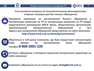 Каналы коммуникации по вопросам ТП 7
Если возникли вопросы по технологическому присоединению,
спорные ситуации для Вас каналы обращения:
• Направить заявление на рассмотрение Вашего обращения в
Контрольную комиссию по ТП (в контрольную комиссию по ТП входят
представители руководства МРСК Урала, общественных организаций,
администраций муниципальных образований и пр.)
Адреса для направления обращений представлены на сайте компании
http://www.mrsk-ural.ru/client/tp/commission/
• Обратиться в Call-центр компании, где Вам предоставят консультацию
либо примут на рассмотрение Ваше обращение
телефон 8-800-2001-220
Оставить обращение в Интернет-приемной Генерального директора на
сайте компании
Направить обращение по эл.почте на адрес dialog@mrsk-ural.ru
 