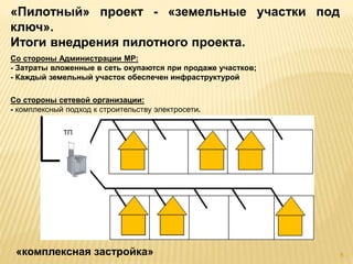 Со стороны Администрации МР:
- Затраты вложенные в сеть окупаются при продаже участков;
- Каждый земельный участок обеспечен инфраструктурой
Со стороны сетевой организации:
- комплексный подход к строительству электросети.
«Пилотный» проект - «земельные участки под
ключ».
Итоги внедрения пилотного проекта.
«комплексная застройка»
ТП
8
 