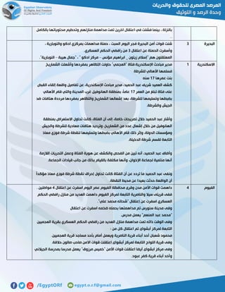 ‫بالكامل‬ ‫محتوياتها‬ ‫وتحطيم‬ ‫منازلهم‬ ‫مداهمة‬ ‫تمت‬ ‫اخرين‬ ‫اعتقال‬ ‫في‬ ‫فشلت‬ ‫بينما‬ ، ‫بالنزلة‬
..
‫البحيرة‬7، ‫السبت‬ ‫اليوم‬ ‫فجر‬ ‫البحيرة‬ ‫أمن‬ ‫قوات‬ ‫شنت‬، ‫والنوبارية‬ ‫ادكو‬ ‫بمركزي‬ ‫مداهمات‬ ‫حملة‬
‫اعتقال‬ ‫عن‬ ‫الحملة‬ ‫وأسفرت‬7.‫العسكري‬ ‫الحكم‬ ‫رافضي‬ ‫من‬
‫مؤنس‬ ‫ابراهيم‬ _ ‫زيتون‬ ‫"إسالم‬ ‫هم‬ ‫المعتقلون‬–‫هيبة‬ ‫"جمال‬ ، " ‫ادكو‬ ‫مركز‬–."‫النوبارية‬
‫االسكندرية‬0‫الشما‬ ‫وأشعلت‬ ‫بمفردها‬ ‫التظاهر‬ ‫حاولت‬ "‫"العجمي‬ ‫اإلسكندرية:فتاة‬ ‫مباحث‬ ‫مدير‬‫ريخ‬
‫للشرطة‬ ‫األهالي‬ ‫فسلمها‬
‫عمرها‬ ‫بنت‬01‫سنه‬
‫القبض‬ ‫إلقاء‬ ‫واقعة‬ ‫تفاصيل‬ ‫عن‬ ،‫اإلسكندرية‬ ‫مباحث‬ ‫مدير‬ ،‫الحميد‬ ‫عبد‬ ‫شريف‬ ‫العميد‬ ‫كشف‬
‫العمر‬ ‫من‬ ‫تبلغ‬ ‫فتاة‬ ‫على‬01‫األهالي‬ ‫قام‬ ‫والتي‬ ‫المدينة‬ ‫غرب‬ ‫الهانوفيل‬ ‫بمنطقة‬ ،ً‫ا‬‫عام‬
‫والتظاهر‬ ‫الشماريخ‬ ‫إشعالها‬ ‫بعد‬ ،‫للشرطة‬ ‫وتسليمها‬ ‫بضبطها‬‫ضد‬ ‫هتافات‬ ‫مرددة‬ ‫بمفردها‬
.‫والشرطة‬ ‫الجيش‬
‫بمنطقة‬ ‫االستعراض‬ ‫تحاول‬ ‫كانت‬ ،‫الفتاة‬ ‫أن‬ ‫إلى‬ ،‫خاصة‬ ‫تصريحات‬ ‫خالل‬ ‫الحميد‬ ‫عبد‬ ‫وأشار‬
‫والجيش‬ ‫للشرطة‬ ‫معادية‬ ‫هتافات‬ ‫وترديد‬ ،‫الشماريخ‬ ‫من‬ ‫عدد‬ ‫إشعال‬ ‫خالل‬ ‫من‬ ‫الهانوفيل‬
‫ش‬ ‫لنقطة‬ ‫وتسليمها‬ ‫بضبطها‬ ‫األهالي‬ ‫قام‬ ‫ذلك‬ ‫وإثر‬ ،‫الدولة‬ ‫ومؤسسات‬‫معاذ‬ ‫فوزي‬ ‫رطة‬
.‫الدخيلة‬ ‫شرطة‬ ‫لقسم‬ ‫التابعة‬
‫الالزمة‬ ‫التحريات‬ ‫وعمل‬ ‫الفتاة‬ ‫هوية‬ ‫عن‬ ‫والكشف‬ ‫الفحص‬ ‫من‬ ‫تبين‬ ‫أنه‬ ،‫الحميد‬ ‫عبد‬ ‫وأضاف‬
.‫الجماعة‬ ‫قيادات‬ ‫جانب‬ ‫من‬ ‫بذلك‬ ‫بالقيام‬ ‫مكلفة‬ ‫وأنها‬ ،‫اإلخوان‬ ‫لجماعة‬ ‫منتمية‬ ‫أنها‬
‫إحراق‬ ‫تحاول‬ ‫كانت‬ ‫الفتاة‬ ‫أن‬ ‫عن‬ ‫تردد‬ ‫ما‬ ‫الحميد‬ ‫عبد‬ ‫ونفى‬ً‫ا‬‫مؤكد‬ ‫معاذ‬ ‫فوزي‬ ‫شرطة‬ ‫نقطة‬
.‫النقطة‬ ‫محيط‬ ‫عن‬ ‫بعيدا‬ ‫حدثت‬ ‫الواقعة‬ ‫أن‬
‫الفيوم‬2‫اعتقال‬ ‫عن‬ ‫اسفرت‬ ‫اليوم‬ ‫عصر‬ ‫الفيوم‬ ‫محافظة‬ ‫وقرى‬ ‫مدن‬ ‫األمن‬ ‫قوات‬ ‫داهمت‬2. ‫مواطنين‬
‫الحكم‬ ‫رافضي‬ ‫منازل‬ ‫من‬ ‫العديد‬ ‫داهمت‬ ‫الفيوم‬ ‫لمركز‬ ‫التابعة‬ ‫والناصرية‬ ‫سيال‬ ‫قريتى‬ ‫ففى‬
‫إعت‬ ‫عن‬ ‫اسفرت‬ ‫العسكري‬."‫علي‬ ‫محمد‬ ‫"شحاته‬ ‫قال‬
‫اعتقال‬ ‫عن‬ ‫اسفرت‬ ‫ضخمه‬ ‫بحمله‬ ‫مداهمتها‬ ‫تم‬ ‫سنورس‬ ‫مدينة‬ ‫وفى‬
.‫مدرس‬ ‫يعمل‬ "‫المنعم‬ ‫عبد‬ ‫"محمد‬
‫العجميين‬ ‫بقرية‬ ‫العسكري‬ ‫الحكم‬ ‫رافضي‬ ‫من‬ ‫العديد‬ ‫منازل‬ ‫مداهمة‬ ‫تمت‬ ‫ذاته‬ ‫الوقت‬ ‫وفى‬
: ‫من‬ ‫كل‬ ‫اعتقال‬ ‫تم‬ ‫أبشواى‬ ‫لمركز‬ ‫التابعة‬
‫الناصر‬ ‫قرية‬ ‫أبناء‬ ‫أحد‬ ‫شعبان‬ ‫محمود‬.‫العجميين‬ ‫قرية‬ ‫مساجد‬ ‫بأحد‬ ‫أمام‬ ‫ويعمل‬ ‫ية‬
.‫حالقة‬ ‫صالون‬ ‫صاحب‬ ‫االمن‬ ‫قوات‬ ‫اعتقلت‬ ‫أبشواى‬ ‫لمركز‬ ‫التابعة‬ ‫اللواج‬ ‫قرية‬ ‫وفى‬
‫الجيالني‬ ‫بمدرسة‬ ‫مدرسا‬ ‫يعمل‬ "‫مرزوق‬ ‫"خميس‬ ‫األمن‬ ‫قوات‬ ‫اعتقلت‬ ‫أيضا‬ ‫ابشواى‬ ‫مركز‬ ‫وفى‬
.‫عبود‬ ‫كفر‬ ‫قرية‬ ‫أبناء‬ ‫وأحد‬
 