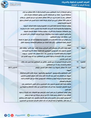 ‫الـ‬ ‫فاق‬ ‫األبعادية‬ ‫بسجن‬ ‫المعتقلين‬ ‫أعداد‬ ‫أن‬ ‫الرابطة‬ ‫تعلن‬ ‫و‬511‫أبناء‬ ‫من‬ ‫معتقل‬
‫داخل‬ ‫صارخة‬ ‫انتهاكات‬ ‫يعانون‬ ،‫األخرى‬ ‫المحافظات‬ ‫عن‬ ‫فضال‬ ، ‫البحيرة‬ ‫محافظة‬
‫يزي‬ ‫ما‬ ‫أعمار‬ ‫أن‬ ‫رغم‬ .‫المعتقل‬‫عن‬ ‫د‬511‫يعاني‬ ‫و‬ ، ‫الستين‬ ‫سن‬ ‫عن‬ ‫تزيد‬ ‫منهم‬ ‫معتقل‬
‫يقارب‬ ‫ما‬711‫بدخول‬ ‫السماح‬ ‫في‬ ‫السجن‬ ‫إدارة‬ ‫تتعنت‬ ‫مزمنة‬ ‫أمراض‬ ‫من‬ ‫آخرين‬ ‫معتقل‬
.‫إليهم‬ ‫الالزمة‬ ‫األدوية‬
‫الدولية‬ ‫المنافذ‬ ‫كافة‬ ‫وطرق‬ ‫القانونية‬ ‫اإلجراءات‬ ‫كافة‬ ‫اتخاذها‬ ‫الرابطة‬ ‫وتؤكد‬
‫االجراءات‬ ‫التخاذ‬ ‫واإلعالمية‬ ‫والحقوقية‬‫يمارسه‬ ‫ما‬ ‫علي‬ ‫الصمت‬ ‫استمرار‬ ‫تجاه‬ ‫الالزمة‬
‫الدولية‬ ‫اإلنسان‬ ‫حقوق‬ ‫منظمات‬ ‫مطالبة‬ ،‫األبرياء‬ ‫بحق‬ ‫ممنهجة‬ ‫بانتهاكات‬ ‫يون‬
‫عن‬ ‫السجن‬ ‫داخل‬ ‫األوضاع‬ ‫لمراقبة‬ ‫دورية‬ ‫ومتابعات‬ ‫زيارات‬ ‫بتنفيذ‬ ‫الدوليين‬ ‫والمراقبين‬
،‫المعتقلين‬ ‫أرواح‬ ‫على‬ ‫حفاظا‬ ،‫قرب‬
‫اإلجرا‬ ‫كافة‬ ‫إتخاذ‬ ‫من‬ ‫نتواني‬ ‫لن‬ ‫و‬‫نفسة‬ ‫له‬ ‫تسول‬ ‫من‬ ‫كل‬ ‫ضد‬ ‫والحقوقية‬ ‫القانونية‬ ‫ءات‬
‫القتل‬ ‫وعمليات‬ ‫االنتهاكات‬ ‫مستنقع‬ ‫من‬ ‫المئات‬ ‫ننقذ‬ ‫حتي‬ ، ‫المعتقلين‬ ‫بأهلنا‬ ‫التنيكل‬
.‫البطئ‬
‫اسيوط‬01‫الغاز‬ ‫بإطالق‬ "‫األمن‬ ‫"فرق‬ ‫الفتح‬ ‫بمركز‬ ‫المركزى‬ ‫األمن‬ ‫بمعسكر‬ ‫اآلن‬ ‫األمن‬ ‫قوات‬ ‫تقوم‬
‫السياسي‬ ‫المحبوسين‬ ‫على‬ ‫للدموع‬ ‫المسيل‬‫فى‬ ‫النارية‬ ‫األعيرة‬ ‫بإطالق‬ ‫قاموا‬ ‫كما‬ ‫ين‬
‫يوجد‬ ‫و‬ ، ‫الزنازين‬ ‫على‬ ‫تفتيش‬ ‫حملة‬ ‫بعد‬ ‫الزنازين‬ ‫عن‬ ‫الكهرباء‬ ‫قطع‬ ‫تم‬ ‫و‬ ‫الهواء‬
‫من‬ ‫العديد‬ ‫يوجد‬ ‫أنه‬ ‫حيث‬ ‫المعتقلين‬ ‫بين‬ ‫النفس‬ ‫ضيق‬ ‫و‬ ‫اإلغماءات‬ ‫حاالت‬ ‫من‬ ‫العديد‬
. ‫بالزنازين‬ ‫السن‬ ‫كبار‬
‫القاهرة‬02‫شمس‬ ‫عين‬ ‫ف‬ ‫السياسيه‬ ‫الزنزانة‬ ‫تكدس‬‫حاالت‬ ‫فى‬ ‫تسبب‬ ‫مما‬ ‫المعتقلين‬ ‫من‬ ‫بالكثير‬
‫بحق‬ ‫واغماءات‬ ‫اختناق‬02‫المعتقلين‬ ‫من‬
‫اسيوط‬71‫إضراب‬71‫عليهم‬ ‫المسيل‬ ‫الغاز‬ ‫إطالق‬ ‫جراء‬ ‫بأسيوط‬ ‫معتقل‬
‫أسيوط‬-
‫لمحافظة‬ ‫التابع‬ ‫الفتح‬ ‫بمركز‬ "‫والجنائيون‬ ‫"السياسيون‬ ‫والمحبوسون‬ ‫المعتقلون‬ ‫أطرب‬
‫األ‬ ‫بعد‬ ‫أمس‬ ‫منذ‬ ‫الطعام‬ ‫عن‬ ،‫أسيوط‬‫الزنازين‬ ‫و‬ ‫العنابر‬ ‫تفتيش‬ ‫أثناء‬ ‫حدثت‬ ‫التي‬ ‫حداث‬
‫أمناء‬ ‫و‬ ‫الظباط‬ ‫قبل‬ ‫من‬ ‫هناك‬ ‫المحبوسين‬ ‫ممتلكات‬ ‫و‬ ‫أموال‬ ‫سرقة‬ ‫و‬ ‫همجية‬ ‫بصورة‬
.‫العساكر‬ ‫و‬ ‫الشرطة‬
‫على‬ ‫العتراضهم‬ ،‫العنبر‬ ‫بداخل‬ ‫المحتجزين‬ ‫على‬ ‫للدموع‬ ‫المسيل‬ ‫الغاز‬ ‫ضابط‬ ‫وأطلق‬
‫العديد‬ ‫إصابة‬ ‫إلى‬ ‫أدى‬ ‫مما‬ ،‫الهمجية‬ ‫التفتيش‬ ‫طريق‬‫بين‬ ً‫ا‬‫خصوص‬ ‫و‬ ‫االختناق‬ ‫حاالت‬ ‫من‬
.‫السن‬ ‫كبار‬
‫ضيق‬ ‫و‬ ‫الزيارات‬ ‫على‬ ‫التضيقات‬ ‫هو‬ ‫إضرابهم‬ ‫أسباب‬ ‫ضمن‬ ‫من‬ ‫أن‬ ‫المعتقلين‬ ‫أهالي‬ ‫وقال‬
‫لـ‬ ‫فقط‬ ‫يتسع‬ ‫المكان‬ ‫أن‬ ‫حيث‬ ‫المكان‬51‫حجز‬ ‫يتم‬ ‫و‬ ‫فرد‬71‫يضطر‬ ‫و‬ ،‫فيه‬ ‫فرد‬
‫ي‬ ‫لكي‬ ‫النوم‬ ‫على‬ ‫يتناوبون‬ ‫األحيان‬ ‫بعض‬ ‫في‬ ‫و‬ ‫جالسين‬ ‫هم‬ ‫و‬ ‫للنوم‬ ‫المحبوسين‬‫ستطيع‬
‫المحتجزين‬ ‫بين‬ ‫الجلدية‬ ‫األمراض‬ ‫انتشار‬ ‫إلى‬ ‫أدت‬ ‫الزحام‬ ‫شدة‬ ‫أن‬ ‫وأضافوا‬ .‫الكل‬ ‫ينام‬ ‫أن‬
8‫مارس‬5102
 