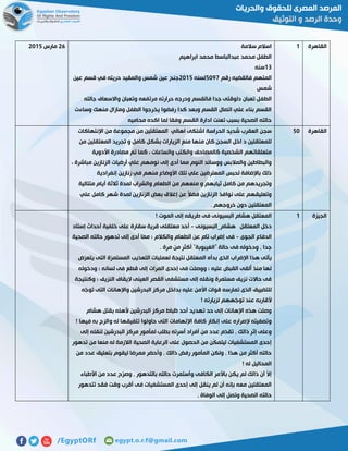 ‫القاهرة‬0‫سالمة‬ ‫اسالم‬
‫ابراهيم‬ ‫محمد‬ ‫عبدالباسط‬ ‫محمد‬ ‫الطفل‬
07‫سنه‬
‫رقم‬ ‫فالقضيه‬ ‫المتهم‬2111‫لسنه‬5102‫عين‬ ‫قسم‬ ‫في‬ ‫حريته‬ ‫والمقيد‬ ‫شمس‬ ‫عين‬ ‫جنح‬
‫شمس‬
‫الطف‬‫جالته‬ ‫واالسعاف‬ ‫وتعبان‬ ‫مرتفعه‬ ‫حرارته‬ ‫ودرجه‬ ‫فالقسم‬ ‫جدا‬ ‫دلوقتى‬ ‫تعبان‬ ‫ل‬
‫وساءت‬ ‫منهك‬ ‫ومازال‬ ‫الطفل‬ ‫يخرجوا‬ ‫رفضوا‬ ‫كدا‬ ‫وبعد‬ ‫القسم‬ ‫اتصال‬ ‫علي‬ ‫بناء‬ ‫القسم‬
‫محاميه‬ ‫اكده‬ ‫لما‬ ‫وفقا‬ ‫القسم‬ ‫ادارة‬ ‫تعنت‬ ‫بسبب‬ ‫الصحية‬ ‫حالته‬
55‫مارس‬5102
‫القاهرة‬21‫اه‬ ‫اشتكى‬ ‫الحراسة‬ ‫شديد‬ ‫العقرب‬ ‫سجن‬‫اإلنتهاكات‬ ‫من‬ ‫مجموعة‬ ‫من‬ ‫المعتقلين‬ ‫الي‬
‫من‬ ‫المعتقلين‬ ‫تجريد‬ ‫و‬ ‫كامل‬ ‫بشكل‬ ‫الزيارات‬ ‫منع‬ ‫منها‬ ‫كان‬ ‫السجن‬ ‫اخل‬ ‫د‬ ‫للمعتقلين‬
‫األدوية‬ ‫مصادرة‬ ‫تم‬ ‫كما‬ ، ‫والساعات‬ ‫والكتب‬ ‫كالمصاحف‬ ‫الشخصية‬ ‫متعلقاتهم‬
‫مباشر‬ ‫الزنازين‬ ‫أرضيات‬ ‫علي‬ ‫نومهم‬ ‫إلى‬ ‫أدى‬ ‫مما‬ ‫النوم‬ ‫ووسائد‬ ‫والمالبس‬ ‫والبطاطين‬، ‫ة‬
‫إنفرادية‬ ‫زنازين‬ ‫في‬ ‫منهم‬ ‫األوضاع‬ ‫تلك‬ ‫علي‬ ‫المعترضين‬ ‫لحبس‬ ‫باإلضافة‬ ‫ذلك‬
‫متتالية‬ ‫أيام‬ ‫ثالثة‬ ‫لمدة‬ ‫والشراب‬ ‫الطعام‬ ‫من‬ ‫منعهم‬ ‫و‬ ‫ثيابهم‬ ‫كامل‬ ‫من‬ ‫وتجريدهم‬
‫علي‬ ‫كامل‬ ‫شهر‬ ‫لمدة‬ ‫الزنازين‬ ‫بعض‬ ‫إغالق‬ ‫عن‬ ً‫ال‬‫فض‬ ‫الزنازين‬ ‫نوافذ‬ ‫على‬ ‫وتعليقهم‬
. ‫خروجهم‬ ‫دون‬ ‫المعتقلين‬
‫الجيزة‬0‫ا‬! ‫الموت‬ ‫إلى‬ ‫طريقه‬ ‫فى‬ ‫البسيونى‬ ‫هشام‬ ‫لمعتقل‬
‫هشام_البسيونى‬ ‫المعتقل‬ ‫دخل‬-‫إستاد‬ ‫أحداث‬ ‫خلفية‬ ‫على‬ ‫سقارة‬ ‫قرية‬ ‫معتقلى‬ ‫أحد‬
‫الجوى‬ ‫الدفاع‬-‫الصحية‬ ‫حالته‬ ‫تدهور‬ ‫إلى‬ ‫أدى‬ ‫ّا‬‫م‬‫م‬ ‫؛‬ ‫والكالم‬ ‫الطعام‬ ‫عن‬ ‫تام‬ ‫إضراب‬ ‫فى‬
. ‫مرة‬ ‫من‬ ‫أكثر‬ "‫"الغيبوبة‬ ‫حالة‬ ‫فى‬ ‫ودخوله‬ , ‫جدا‬
‫اإلضر‬ ‫هذا‬ ‫يأتى‬‫ّض‬‫ر‬‫يتع‬ ‫التى‬ ‫ّة‬‫ر‬‫المستم‬ ‫التعذيب‬ ‫لعمليات‬ ‫نتيجة‬ ‫المعتقل‬ ‫بدأه‬ ‫الذى‬ ‫اب‬
‫ودخوله‬ ‫؛‬ ‫لسانه‬ ‫فى‬ ٍ‫ع‬‫قط‬ ‫إلى‬ ‫المرات‬ ‫إحدى‬ ‫فى‬ ‫ووصلت‬ ‫؛‬ ‫عليه‬ ‫القبض‬ ‫ُلقى‬‫أ‬ ‫منذ‬ ‫لها‬
‫وكنتيجة‬ ‫؛‬ ‫النزيف‬ ‫إليقاف‬ ‫العينى‬ ‫القصر‬ ‫مستشفى‬ ‫إلى‬ ‫ونقله‬ ‫مستمرة‬ ‫نزيف‬ ‫حاالت‬ ‫فى‬
‫بداخل‬ ‫عليه‬ ‫األمن‬ ‫قوات‬ ‫تمارسه‬ ‫الذى‬ ‫للتضييق‬‫ّه‬‫ج‬‫تو‬ ‫التى‬ ‫واإلهانات‬ ‫البدرشين‬ ‫مركز‬
! ‫لزيارته‬ ‫ّههم‬‫ج‬‫تو‬ ‫عند‬ ‫ألقاربه‬
‫هشام‬ ‫بقتل‬ ‫ألهله‬ ‫البدرشين‬ ‫مركز‬ ‫ظباط‬ ‫أحد‬ ‫تهديد‬ ‫حد‬ ‫إلى‬ ‫اإلهانات‬ ‫هذه‬ ‫وصلت‬
! ‫فيها‬ ‫به‬ ‫والزج‬ ‫له‬ ‫تلفيقها‬ ‫حاولوا‬ ‫التى‬ ‫اإلتهامات‬ ‫كافة‬ ‫إنكار‬ ‫على‬ ‫إلصراره‬ ‫وتصفيته‬
‫أسرته‬ ‫أفراد‬ ‫من‬ ‫عدد‬ ‫ّم‬‫د‬‫تق‬ , ‫ذالك‬ ‫إثر‬ ‫وعلى‬‫إلى‬ ‫لنقله‬ ‫البدرشين‬ ‫مركز‬ ‫لمأمور‬ ‫بطلب‬
‫تدهور‬ ‫من‬ ‫منعا‬ ‫له‬ ‫الالزمة‬ ‫الصحية‬ ‫الرعاية‬ ‫على‬ ‫الحصول‬ ‫من‬ ‫ّن‬‫ك‬‫ليتم‬ ‫المستشفيات‬ ‫إحدى‬
‫من‬ ‫عدد‬ ‫بتعليق‬ ‫ليقوم‬ ‫ممرضا‬ ‫وأحضر‬ , ‫ذالك‬ ‫رفض‬ ‫المأمور‬ ‫ولكن‬ , ‫هذا‬ ‫من‬ ‫أكثر‬ ‫حالته‬
! ‫له‬ ‫المحاليل‬
‫بال‬ ‫حالته‬ ‫وأستمرت‬ ‫الكافى‬ ‫باألمر‬ ‫يكن‬ ‫لم‬ ‫ذالك‬ ‫أن‬ ّ‫ال‬‫إ‬‫األطباء‬ ‫من‬ ‫عدد‬ ‫ّح‬‫ر‬‫وص‬ , ‫تدهور‬
‫تتدهور‬ ‫فقد‬ ‫وقت‬ ‫أقرب‬ ‫فى‬ ‫المستشفيات‬ ‫إحدى‬ ‫إلى‬ ‫ينقل‬ ‫لم‬ ‫أن‬ ‫بإنه‬ ‫معه‬ ‫المعتقلين‬
, ‫الوفاة‬ ‫إلى‬ ‫وتصل‬ ‫الصحية‬ ‫حالته‬
 