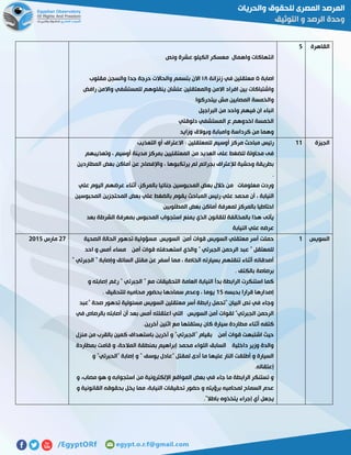 ‫القاهرة‬2
‫ونص‬ ‫عشرة‬ ‫الكيلو‬ ‫معسكر‬ ‫واهمال‬ ‫انتهاكات‬
‫اصابة‬٢‫زنزانة‬ ‫في‬ ‫معتقلين‬٠٨‫وال‬ ‫جدا‬ ‫حرجة‬ ‫والحاالت‬ ‫بتسمم‬ ‫االن‬‫مقلوب‬ ‫سجن‬
‫رافض‬ ‫واالمن‬ ‫للمستشفي‬ ‫ينقلوهم‬ ‫علشان‬ ‫والمعتقلين‬ ‫االمن‬ ‫افراد‬ ‫بين‬ ‫واشتباكات‬
‫بيتحركوا‬ ‫مش‬ ‫المصابين‬ ‫والخمسة‬
‫البراجيل‬ ‫من‬ ‫واحد‬ ‫فيهم‬ ‫ان‬ ‫انباء‬
‫دلوقتي‬ ‫المستشفي‬ ‫ع‬ ‫اخدوهم‬ ‫الخمسة‬
‫وزايد‬ ‫وبوالق‬ ‫وامبابة‬ ‫كرداسة‬ ‫من‬ ‫وهما‬
‫الجيزة‬00‫للمعتقلين‬ ‫أوسيم‬ ‫مركز‬ ‫مباحث‬ ‫رئيس‬‫التعذيب‬ ‫أو‬ ‫االعتراف‬ :
‫وتعذيبهم‬ ، ‫أوسيم‬ ‫مدينة‬ ‫بمركز‬ ‫المعتقليين‬ ‫من‬ ‫العديد‬ ‫على‬ ‫للضغط‬ ‫محاولة‬ ‫فى‬
‫المطاردين‬ ‫بعض‬ ‫أماكن‬ ‫عن‬ ‫واإلفصاح‬ ، ‫يرتكبوها‬ ‫لم‬ ‫بجرائم‬ ‫لإلعتراف‬ ‫وحشية‬ ‫بطريقة‬
.
‫علي‬ ‫اليوم‬ ‫عرضهم‬ ‫أثناء‬ ،‫بالمركز‬ ‫جنائيا‬ ‫المحبوسين‬ ‫بعض‬ ‫خالل‬ ‫من‬ ‫معلومات‬ ‫وردت‬
‫النيابة‬‫المحبوسين‬ ‫المحتجزين‬ ‫بعض‬ ‫علي‬ ‫بالضغط‬ ‫يقوم‬ ‫المباحث‬ ‫رئيس‬ ‫علي‬ ‫محمد‬ ‫أن‬ ،
‫المطلوبين‬ ‫بعض‬ ‫أماكن‬ ‫لمعرفة‬ ‫بالمركز‬ ‫احتاطيا‬
‫بعد‬ ‫الشرطة‬ ‫بمعرفة‬ ‫المحبوس‬ ‫استجواب‬ ‫يمنع‬ ‫الذي‬ ‫للقانون‬ ‫بالمخالفة‬ ‫هذا‬ ‫يأتى‬
‫النيابة‬ ‫علي‬ ‫عرضه‬
‫السويس‬0‫مسؤو‬ ‫السويس‬ ‫أمن‬ ‫قوات‬ ‫السويس‬ ‫معتقلي‬ ‫أسر‬ ‫حملت‬‫الصحية‬ ‫الحالة‬ ‫تدهور‬ ‫لية‬
‫احد‬ ‫و‬ ‫أمس‬ ‫مساء‬ ‫أمن‬ ‫قوات‬ ‫استهدفته‬ ‫والذي‬ " ‫الجبرتي‬ ‫الرحمن‬ ‫عبد‬ " ‫للمعتقل‬
" ‫الجبرتي‬ " ‫وإصابة‬ ‫السائق‬ ‫مقتل‬ ‫عن‬ ‫أسفر‬ ‫مما‬ ، ‫الخاصة‬ ‫بسيارته‬ ‫تنقلهم‬ ‫أثناء‬ ‫أصدقائه‬
. ‫بالكتف‬ ‫برصاصة‬
‫الجبرتي‬ " ‫مع‬ ‫التحقيقات‬ ‫العامة‬ ‫النيابة‬ ‫بدأ‬ ‫الرابطة‬ ‫استنكرت‬ ‫كما‬‫و‬ ‫إصابته‬ ‫رغم‬ "
‫بحبسه‬ ‫قرارا‬ ‫إصدارها‬02. ‫للتحقيق‬ ‫محاميه‬ ‫بحضور‬ ‫سماحها‬ ‫وعدم‬ ، ‫يوما‬
‫"عبد‬ ‫صحة‬ ‫تدهور‬ ‫مسئولية‬ ‫السويس‬ ‫معتقلين‬ ‫أسر‬ ‫رابطة‬ ‫"تحمل‬ ‫البيان‬ ‫نص‬ ‫في‬ ‫وجاء‬
‫في‬ ‫بالرصاص‬ ‫أصابته‬ ‫أن‬ ‫بعد‬ ‫أمس‬ ‫اعتقلته‬ ‫التي‬ ‫السويس‬ ‫أمن‬ ‫لقوات‬ "‫الجبرتي‬ ‫الرحمن‬
‫كان‬ ‫سيارة‬ ‫مطاردة‬ ‫أثناء‬ ‫كتفه‬.‫أخرين‬ ‫اثنين‬ ‫مع‬ ‫يستقلها‬
‫منزل‬ ‫من‬ ‫بالقرب‬ ‫كمين‬ ‫باستهداف‬ ‫آخرين‬ ‫و‬ "‫"الجبرتي‬ ‫بقيام‬ ‫أمن‬ ‫قوات‬ ‫اشتبهت‬ ‫حيث‬
‫بمطاردة‬ ‫قامت‬ ‫و‬ ،‫المالحة‬ ‫بمنطقة‬ ‫إبراهيم‬ ‫محمد‬ ‫اللواء‬ ‫السابق‬ ‫داخلية‬ ‫وزير‬ ‫والدة‬
‫و‬ "‫"الحبرتي‬ ‫إصابة‬ ‫و‬ " ‫يوسف‬ ‫"عادل‬ ‫لمقتل‬ ‫أدى‬ ‫ما‬ ‫عليها‬ ‫النار‬ ‫أطلقت‬ ‫و‬ ‫السيارة‬
‫إع‬.‫تقاله‬
‫و‬ ،‫مصاب‬ ‫هو‬ ‫و‬ ‫استجوابه‬ ‫من‬ ‫اإللكترونية‬ ‫المواقع‬ ‫بعض‬ ‫في‬ ‫جاء‬ ‫ما‬ ‫الرابطة‬ ‫تستنكر‬ ‫و‬
‫و‬ ‫القانونية‬ ‫بحقوقه‬ ‫يخل‬ ‫مما‬ ،‫النيابة‬ ‫تحقيقات‬ ‫حضور‬ ‫و‬ ‫برؤيته‬ ‫لمحاميه‬ ‫السماح‬ ‫عدم‬
."‫باطال‬ ‫يتخذوه‬ ‫إجراء‬ ‫أي‬ ‫يجعل‬
51‫مارس‬5102
 