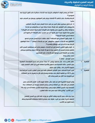 -‫لما‬‫بعد‬ ‫الزيارة‬ ‫تكون‬ ‫حتي‬ ‫مباشرة‬ ‫اإلعتداء‬ ‫بعد‬ ‫بالزيارة‬ ‫الحقوقي‬ ‫للوفد‬ ‫يسمح‬ ‫لم‬ ‫ذا‬
!‫إسبوعين؟‬
‫عليه‬ ‫المجني‬ ‫من‬ ‫ويجعل‬ ،‫الموضوع‬ ‫طبخ‬ ‫ويتم‬ ‫اإلصابات‬ ‫آثا‬ ‫تختفي‬ ‫حتي‬ ،‫واضحة‬ ‫اإلجابة‬
!‫جاني‬
2-،‫الماضي‬ ‫األربعاء‬ ‫صباح‬ ‫الليمان‬ ‫إدارة‬ ‫قبل‬ ‫من‬ ‫السن‬ ‫صغار‬ ‫مساجين‬ ‫إختيار‬ ‫تم‬
‫ال‬ ‫علي‬ ‫وأجبروهم‬‫قراءة‬ ‫من‬ ‫يمكنوهم‬ ‫أن‬ ‫دون‬ ً‫ا‬‫سلف‬ ‫معدة‬ ‫أوراق‬ ‫علي‬ ‫توقيع‬
!!‫األوراق‬ ‫في‬ ‫إسمي‬ ‫قرأوا‬ ‫أنهم‬ ‫األوراق‬ ‫علي‬ ‫وقعوا‬ ‫ممن‬ ‫كثيرون‬ ‫ي‬ ‫وقال‬ ،‫محتواها‬
‫أني‬ ‫كتبوا‬ ‫أم‬ !‫الضباط؟‬ ‫علي‬ ‫اعتديت‬ ‫من‬ ‫أني‬ ‫كتبوا‬ ‫هل‬ !‫عني؟‬ ‫كتبوا‬ ‫ماذا‬ ‫فياتري‬
!‫األرضية؟‬ ‫الكرة‬ ‫لتدمير‬ ‫اخطط‬
2-‫المحقق؟‬ ‫هو‬ ‫المعتدي‬ ‫يكون‬ ‫كيف‬‫قدمو‬ ‫من‬ ‫مع‬ ‫السجن‬ ‫إدارة‬ ‫حققت‬ ‫فقد‬ !
‫تتوقعون‬ ‫ماذا‬ !! "‫عليكم؟‬ ‫اإلعتداء‬ ‫تم‬ ‫"هل‬ ‫يسألوهم‬ ،‫عليهم‬ ‫اإلعتداء‬ ‫بعد‬ ‫الشكاوي‬
!‫وتهديد؟‬ ‫وبطش‬ ‫ضرب‬ ‫من‬ ‫تم‬ ‫ما‬ ‫بعد‬ ‫اإلجابة‬
5-‫التي‬ ‫السجن‬ ‫مستشفي‬ ‫من‬ ‫صادرا‬ ‫عليهم‬ ‫اإلعتداء‬ ‫تم‬ ‫لمن‬ ‫الطبي‬ ‫التقرير‬ ‫يكون‬ ‫كيف‬
‫للسجن‬ ‫ستنحاز‬ ‫بالطبع‬‫أل‬‫به‬ ‫الطبيب‬ ‫ن‬‫سيجامل‬ ‫وبالطبع‬ ‫نجوم‬ ‫ثالثة‬ ‫ذو‬ ‫ضابط‬ ‫إال‬ ‫هو‬ ‫ما‬ ‫ا‬
.‫المساجين‬ ‫علي‬ ‫اإلعتداء‬ ‫في‬ ‫تورطوا‬ ‫الذين‬ ‫الضباط‬ ‫من‬ ‫زمالءه‬
‫زيادة‬ ‫جمال‬ ‫أحمد‬
‫أبوزعبل‬ ‫سجن‬-‫ليمان‬5
‫القاهرة‬0" ‫يونس‬ ‫محمود‬ ‫بالل‬ ‫يدعى‬ ‫قاصر‬ ‫طفل‬02‫العقابية‬ ‫المؤسسات‬ ‫إحدى‬ ‫في‬ ‫محتجز‬ "‫سنة‬
‫ال‬ ‫حالته‬ ،‫شمس‬ ‫بعين‬‫يفيد‬ ‫النفسي‬ ‫الطب‬ ‫من‬ ‫تقرير‬ ‫معاها‬ ‫واألسرة‬ ‫تدهور‬ ‫في‬ ‫نفسية‬
‫جدوى‬ ‫دون‬ ‫عنه...ولكن‬ ‫االفراج‬ ‫بضرورة‬
‫القاهرة‬0‫منذ‬ ‫الحراسة‬ ‫شديد‬ ‫العقرب‬ ‫سجن‬ ‫في‬ ‫ظلما‬ ‫المعتقل‬ ‫القباني‬ ‫حسن‬ ‫الصحفي‬ ‫أسرة‬ ‫تعرب‬
‫يناير‬5102‫انتهاكات‬ ‫من‬ ‫له‬ ‫يتعرض‬ ‫ما‬ ‫ظل‬ ‫في‬ ‫وصحته‬ ‫سالمته‬ ‫على‬ ‫البالغ‬ ‫قلقها‬ ‫عن‬
‫قان‬ ‫غير‬.‫اآلن‬ ‫وحتى‬ ‫شهر‬ ‫من‬ ‫أكثر‬ ‫منذ‬ ‫ونية‬
‫حسن‬ ‫الصحفي‬ ‫أفصح‬ ،‫األحد‬ ‫اليوم‬ ‫دقائق‬ ‫عشر‬ ‫تتعد‬ ‫لم‬ ‫التي‬ ‫القصيرة‬ ‫الزيارة‬ ‫وفي‬
‫عدة‬ ‫انتهاكات‬ ‫عن‬ ‫لزوجته‬ ‫قمعي‬ ‫زجاجي‬ ‫وحائل‬ ‫الهاتف‬ ‫عبر‬ ‫لقاء‬ ‫خالل‬ ‫من‬ ‫القباني‬
‫نزالء‬ ‫من‬ ‫ألنه‬ ‫فقط‬ ‫للتأديب‬ ‫تعرضه‬ ‫بينها‬ ‫ومن‬ ‫مؤخرا‬ ‫الظالم‬ ‫السجن‬ ‫نزالء‬ ‫شهدها‬H4
‫"عن‬.‫للعقرب‬ ‫نقله‬ ‫منذ‬ ‫حسن‬ ‫فيه‬ ‫مكث‬ ‫والذي‬ "‫التأديب‬ ‫بر‬
‫المتسخ‬ ‫السجن‬ ‫بزي‬ ‫كان‬ ‫كما‬ ،‫وزنه‬ ‫من‬ ‫الكثير‬ ‫وفقد‬ ‫اإلعياء‬ ‫حسن‬ ‫على‬ ‫بدى‬ ‫حيث‬
‫وحلق‬ ‫الشخصية‬ ‫متعلقاته‬ ‫كافة‬ ‫مصادرة‬ ‫على‬ ‫عالوة‬ ،‫البرد‬ ‫من‬ ‫يغنى‬ ‫ال‬ ‫الذي‬ ‫الخفيف‬
.‫التأديب‬ ‫من‬ ‫كنوع‬ ‫رأسه‬
 