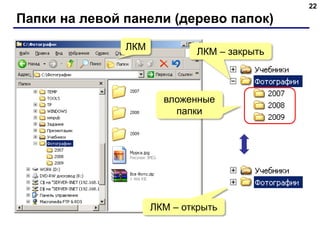 Папки на левой панели (дерево папок)
22
ЛКМ ЛКМ – закрыть
вложенные
папки
ЛКМ – открыть
 