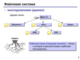 5
Файловая система
• многоуровневая (дерево)
Рабочая папка (текущий каталог) – папка,
с которой в данный момент работает
пользователь.
Диск C:
Документы Видео
2006 2007
дерево папок:
Фото
корень
 