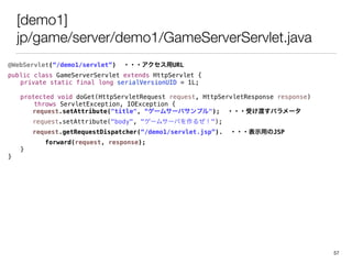 [demo1]
jp/game/server/demo1/GameServerServlet.java
@WebServlet(/demo1/servlet) ???URL
public class GameServerServlet extends HttpServlet {
private static final long serialVersionUID = 1L;
protected void doGet(HttpServletRequest request, HttpServletResponse response)
throws ServletException, IOException {
request.setAttribute("title", `ॵ`Хץ"); ???ܤɤѥ`
request.setAttribute("body", "`ॵ`Ф뤼");
request.getRequestDispatcher(/demo1/servlet.jsp). ???ʾäJSP
forward(request, response);
}
}
57
 