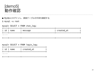 [demo5]
_J
 MySQL˥󤷡ֱӥƩ`֥_J
$ mysql -u root
mysql> SELECT * FROM chat_log;
+----+----------+-----------------------------+---------------------+
| id | name | message | created_at |
+----+----------+-----------------------------+---------------------+
???
+----+----------+-----------------------------+---------------------+
mysql> SELECT * FROM login_log;
+----+----------+---------------------+
| id | name | created_at |
+----+----------+---------------------+
???
+----+----------+---------------------+
77
 