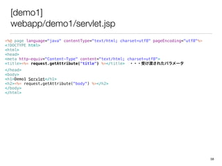 [demo1]
webapp/demo1/servlet.jsp
<%@ page language="java" contentType="text/html; charset=utf8" pageEncoding="utf8"%>
<!DOCTYPE html>
<html>
<head>
<meta http-equiv="Content-Type" content="text/html; charset=utf8">
<title><%= request.getAttribute("title") %></title> ・・・受け渡されたパラメータ
</head>
<body>
<h1>Demo1 Servlet</h1>
<h2><%= request.getAttribute("body") %></h2>
</body>
</html>
58
 