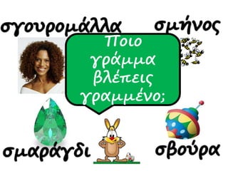 Ποιο
γράμμα
ακούς στην
αρχή;
Ποιο
γράμμα
βλέπεις
γραμμένο;
 