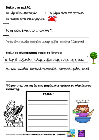 Το ψάρι είναι στο τηγάνι. Τα ψάρια είναι στα τηγάνια.
Το καβούρι είναι στο ακρογιάλι.
_______________________________________________________________
Το αγγούρι είναι στο μποστάνι *.
_______________________________________________________________
*Μποστάνι= χωράφι φυτεμένο με καρπούζια , πεπόνια ή λαχανικά
λεμονιά , αχλαδιά , βυσσινιά, πορτοκαλιά , καστανιά , ροδιά , μηλιά
_______________________________________________________________
_______________________________________________________________
α ,β,γ ,δ,ε, ζ,η,θ,ι ,κ, λ,μ, ν,ξ,ο,π,ρ,σ,τ,υ,φ, χ,ψ,ω
______________________________
______________________________
______________________________
______________________________
______________________________
______________________________
______________________________
______________________________
 