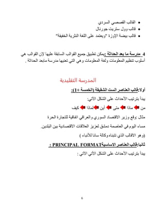 6
‫السردي‬ ‫القصصي‬ ‫القالب‬
‫جورنال‬ ‫ستريت‬ ‫وول‬ ‫قالب‬
‫بيضة‬ ‫قالب‬‫اإلوزة‬"‫الخفيفة‬ ‫النثرية‬ ‫اللغة‬ ‫على‬ ‫"ويعتمد‬
4_‫ما‬ ‫مدرسة‬: ‫الحداثة‬ ‫بعد‬‫تطبيق‬ ‫يمكن‬‫هي‬ ‫القوالب‬ ‫إلن‬ ‫عليها‬ ‫السابقة‬ ‫القوالب‬ ‫جميع‬
. ‫الحداثة‬ ‫مابعد‬ ‫مدرسة‬ ‫تعنيها‬ ‫التي‬ ‫وهي‬ ‫المعلومات‬ ‫ولغة‬ ‫المعلومات‬ ‫تنظيم‬ ‫أسلوب‬
‫التقليدية‬ ‫المدرسة‬
:‫أول‬‫العناصر‬ ‫قالب‬‫ال‬+ ‫(الخمسة‬ ‫الشقيقة‬ ‫ست‬1:)
:‫اآلتي‬ ‫الشكل‬ ‫على‬ ‫األحداث‬ ‫بترتيب‬ ‫يبدأ‬
‫من‬‫ماذا‬‫متى‬‫أين‬‫لماذا‬‫كيف‬
‫الحرة‬ ‫للتجارة‬ ‫اتفاقية‬ ‫والعراقي‬ ‫السوري‬ ‫االقتصاد‬ ‫وزير‬ ‫:وقع‬ ‫مثال‬
.‫البلدين‬ ‫بين‬ ‫االقتصادية‬ ‫العالقات‬ ‫لعزيز‬ ‫دمشق‬ ‫العاصمة‬ ‫في‬ ‫اليوم‬ ‫مساء‬
) ‫لألنباء‬ ‫سانا‬ ‫وكالة‬ ‫تتبناه‬ ‫الذي‬ ‫االقالب‬ ‫(وهو‬
:‫ثانيا‬‫الساسية‬ ‫العناصر‬ ‫قالب‬: PRINCIPAL FORMAT
‫الشكل‬ ‫على‬ ‫األحداث‬ ‫بترتيب‬ ‫يبدأ‬: ‫اآلتي‬ ‫األتي‬
 