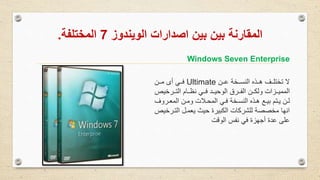 ‫الويندوز‬ ‫اصدارات‬ ‫بين‬ ‫بين‬ ‫المقارنة‬7‫المختلفة‬.
Windows Seven Enterprise
‫وون‬‫و‬‫ع‬ ‫ووخة‬‫و‬‫النس‬ ‫ووذه‬‫و‬‫ه‬ ‫ووف‬‫و‬‫تختل‬ ‫ال‬Ultimate‫وون‬‫و‬‫م‬ ‫أى‬ ‫ووي‬‫و‬‫ف‬
‫وورخيص‬‫و‬‫الت‬ ‫ووام‬‫و‬‫نظ‬ ‫ووي‬‫و‬‫ف‬ ‫وود‬‫و‬‫الوحي‬ ‫وورق‬‫و‬‫الف‬ ‫وون‬‫و‬‫ولك‬ ‫ووزات‬‫و‬‫الممي‬
‫وروف‬‫و‬‫المع‬ ‫ون‬‫و‬‫وم‬ ‫والت‬‫و‬‫المح‬ ‫وي‬‫و‬‫ف‬ ‫وخة‬‫و‬‫النس‬ ‫وذه‬‫و‬‫ه‬ ‫وع‬‫و‬‫بي‬ ‫وتم‬‫و‬‫ي‬ ‫ون‬‫و‬‫ل‬
‫التور‬ ‫يعمول‬ ‫حيث‬ ‫الكبيرة‬ ‫للشركات‬ ‫مخصصة‬ ‫انها‬‫خيص‬
‫الوقت‬ ‫نفس‬ ‫في‬ ‫أجهزة‬ ‫عدة‬ ‫على‬
 