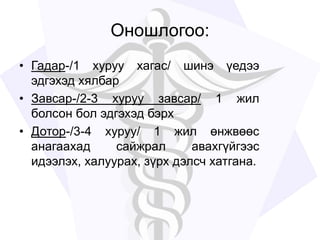 Оношлогоо:
• Гадар-/1 хуруу хагас/ шинэ үедээ
эдгэхэд хялбар
• Завсар-/2-3 хуруу завсар/ 1 жил
болсон бол эдгэхэд бэрх
• Дотор-/3-4 хуруу/ 1 жил өнжвөөс
анагаахад сайжрал авахгүйгээс
идээлэх, халуурах, зүрх дэлсч хатгана.
 