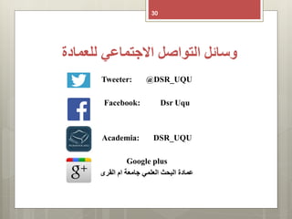 ‫للعمادة‬ ‫االجتماعي‬ ‫التواصل‬ ‫وسائل‬
30
Tweeter: @DSR_UQU
Facebook: Dsr Uqu
Academia: DSR_UQU
Google plus
‫القرى‬ ‫ام‬ ‫جامعة‬ ‫العلمي‬ ‫البحث‬ ‫عمادة‬
 