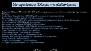 Γεώργιος Αβέρωφ (Μέτσοβο, 1818-1899 μ.Χ.), επιχειρηματίας και εθνικός ευεργέτης της νεότερης
Ελλάδας
Αλέξανδρος Πεσμαζόγλου (1859-1939 μ.Χ.), οικονομολόγος και τραπεζίτης
Κωνσταντίνος Καβάφης (1863-1933 μ.Χ.), ποιητής
Αντώνης Μπενάκης (1873-1954 μ.Χ.), πολιτικός και εθνικός ευεργέτης της νεότερης Ελλάδας
Πηνελόπη Δέλτα (1874-1941 μ.Χ.), συγγραφέας
Κωνσταντίνος Παρθένης (1878-1967 μ.Χ.), ζωγράφος
Κωνσταντίνος Τσαλδάρης (1884-1970 μ.Χ.), πρωθυπουργός της Ελλάδας
Γεώργιος Πεσμαζόγλου (1890-1984 μ.Χ.), οικονομολόγος, εκδότης και πολιτικός
Νίκος Τσιφόρος (1912-1970 μ.Χ.), συγγραφέας
Ντίνος Ηλιόπουλος (1913-2001 μ.Χ.), ηθοποιός
Μάνος Λοΐζος (1937-1982 μ.Χ.), μουσικοσυνθέτης
Ιωάννης Χατζηφώτης (1944-2006 μ.Χ.), φιλόλογος και συγγραφέας
Δάκης (1943 μ.Χ.), τραγουδιστής
Ντέμης Ρούσσος (1946 μ.Χ.), τραγουδιστής
Άλκηστις Πρωτοψάλτη (1957 μ.Χ.), τραγουδίστρια.
Μεταγενέστεροι Έλληνες της Αλεξάνδρειας
 