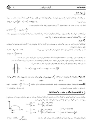 ‫ﻣﻜﺎﻧﻴﻚ‬‫ﻛﻼﺳﻴﻚ‬15
‫آزاد‬ ‫ﺳﻘﻮط‬
‫ﭘﺎﻳ‬ ‫ﺳﻮي‬ ‫ﺑﻪ‬ ‫ﻫﻤﻮاره‬ ‫و‬ ‫ﺛﺎﺑﺖ‬ ‫ﺷﺘﺎب‬ ‫آزاد‬ ‫ﺳﻘﻮط‬ ‫ﺣﺮﻛﺖ‬ ‫در‬‫ﻴﻦ‬‫اﺳﺖ‬.‫ﻣﺤﻮر‬ ‫ﻣﺜﺒﺖ‬ ‫ﺟﻬﺖ‬ ‫اﮔﺮ‬ ‫ﭘﺲ‬y‫ﺑﮕﻴﺮﻳﻢ‬ ‫ﺑﺎﻻ‬ ‫ﺳﻮي‬ ‫ﺑﻪ‬ ‫را‬‫ﺻـﻮرت‬ ‫ﺑـﻪ‬ ‫ﺷـﺘﺎب‬ ‫و‬ ‫ﺳﺮﻋﺖ‬ ‫ﻣﻌﺎدﻻت‬
‫روﺑﺮو‬‫ﻣﻲ‬ ‫در‬‫آﻳ‬‫ﻨ‬‫ﺪ‬:y y yy y V t gt V V g(y y )      2 2 21
2
2
   
‫ﻛﻪ‬ ‫ﺟﺴﻤﻲ‬ ‫اوج‬ ‫زﻣﺎن‬ ‫و‬ ‫اوج‬ ‫ارﺗﻔﺎع‬‫ﻋﻤﻮدي‬ ‫ﺳﺮﻋﺖ‬ ‫ﺑﺎ‬V‫از‬ ‫اﺳﺖ‬ ‫ﻋﺒﺎرت‬ ‫اﺳﺖ‬ ‫ﺣﺮﻛﺖ‬ ‫ﺣﺎل‬ ‫در‬ ‫ﻋﻤﻮدي‬ ‫راﺳﺘﺎي‬ ‫در‬:
V
g
 ‫اوج‬ ‫زﻣﺎن‬‫؛‬
V
g

2
2
‫اوج‬ ‫ارﺗﻔﺎع‬
‫ﻫ‬ ‫ﻛﻪ‬ ‫اﺳﺖ‬ ‫ذﻛﺮ‬ ‫ﺑﻪ‬ ‫ﻻزم‬ ‫اﻳﻨﺠﺎ‬ ‫در‬‫ﺮﮔﺎه‬‫ﻛﻨﻴﻢ‬ ‫ﭘﺮﺗﺎب‬ ‫ﺑﺎﻻ‬ ‫ﺑﻪ‬ ‫ﻗﺎﺋﻢ‬ ‫ﺻﻮرت‬ ‫ﺑﻪ‬ ‫را‬ ‫ﺟﺴﻢ‬y
V  ‫ﻣﻲ‬ ‫رﻫﺎ‬ ‫ﺑﺎﻻ‬ ‫از‬ ‫را‬ ‫ﺟﺴﻢ‬ ‫ﻫﻨﮕﺎﻣﻴﻜﻪ‬ ،‫ﭘـﺎﻳ‬ ‫ﺳـﻮي‬ ‫ﺑـﻪ‬ ‫ﺗﺎ‬ ‫ﻛﻨﻴﻢ‬‫ﻴﻦ‬‫ﺳـﻘﻮط‬
‫ﻛﻨﺪ‬yV  ‫ﺳﻮي‬ ‫ﺑﻪ‬ ‫را‬ ‫ﺟﺴﻢ‬ ‫ﻛﻪ‬ ‫ﻫﻨﮕﺎﻣﻲ‬ ‫و‬‫ﻣﻲ‬ ‫ﭘﺎﻳﻴﻦ‬‫اﻧﺪازﻳﻢ‬yV  ‫اﺳﺖ‬.
‫ﻧﻜﺘﻪ‬2:
1‫ـ‬‫ﻫﻨﮕﺎﻣﻲ‬‫ﻣﻲ‬ ‫ﺑﺮﺧﻮرد‬ ‫ﻫﻢ‬ ‫ﺑﻪ‬ ‫ﻣﺘﺤﺮك‬ ‫دو‬ ‫ﻛﻪ‬‫ﻛﻨﻨﺪ‬‫ﺑﻪ‬ ‫ﻳﺎ‬‫ﻣﻲ‬ ‫ﻫﻢ‬‫رﺳﻨﺪ‬‫آ‬ ‫وﺟﻮد‬ ‫ﺑﺎ‬‫ﻧﻜﻪ‬‫ﻟﺤﻈﻪ‬ ‫آن‬ ‫در‬‫ﻣﻮﻗﻌﻴﺖ‬‫ﻣﻲ‬ ‫ﻧﺸﺎن‬ ‫ﻋﺪد‬ ‫ﻳﻚ‬ ‫ﺑﺎ‬ ‫را‬ ‫دو‬ ‫ﻫﺮ‬‫ﻣـﻲ‬ ‫اﻣـﺎ‬ ‫دﻫـﻴﻢ‬‫ﺗﻮاﻧﻨـﺪ‬
‫ﺑﺎﺷﺪ‬ ‫ﻣﺘﻔﺎوﺗﻲ‬ ‫ﺳﺮﻋﺘﻬﺎي‬ ‫داراي‬.
2‫ـ‬‫ﺛﺎﺑﺖ‬ ‫ﺷﺘﺎب‬ ‫ﺑﺎ‬ ‫ﺣﺮﻛﺖ‬ ‫در‬)‫ﻫﻮا‬ ‫ﻣﻘﺎوﻣﺖ‬ ‫ﺑﺪون‬(‫ﺛﺎﻧﻴﻪ‬ ‫در‬ ‫ﺟﺎﺑﺠﺎﻳﻲ‬n‫روﺑﺮو‬ ‫ﺻﻮرت‬ ‫ﺑﻪ‬ ‫ام‬‫ﻣﻲ‬‫ﺑﺎﺷﺪ‬:x xa a , V V , t n  
x(n) V a( n )  
1
2 1
2

3‫ـ‬‫ﻧﺎ‬ ‫ﺣﺮﻛﺖ‬ ‫ﻫﺮﮔﺎه‬‫اﺳﺖ‬ ‫ﺑﻌﺪ‬ ‫ﻣﺴﻴﺮ‬ ‫اﺑﺘﺪاﻳﻲ‬ ‫ﺷﺮاﻳﻂ‬ ‫ﻋﻨﻮان‬ ‫ﺑﻪ‬ ‫ﻣﺴﻴﺮ‬ ‫ﻫﺮ‬ ‫اﻧﺘﻬﺎﻳﻲ‬ ‫ﺷﺮاﻳﻂ‬ ‫آﻧﮕﺎه‬ ‫ﺑﺎﺷﺪ‬ ‫ﻣﺘﻔﺎوت‬ ‫ﻣﺸﺨﺼﺎت‬ ‫ﺑﺎ‬ ‫ﻣﺴﻴﺮ‬ ‫ﭼﻨﺪ‬ ‫از‬ ‫ﺷﻲ‬.
4‫ـ‬‫آزاد‬ ‫ﺳﻘﻮط‬ ‫ﺣﺮﻛﺖ‬ ‫در‬)‫ﻣﻘﺎوﻣﺖ‬ ‫ﺑﺪون‬‫ﻫﻮا‬(‫زﻣﺎن‬‫د‬ ‫ﻳﻜﺴﺎن‬ ‫ﻧﻘﻄﻪ‬ ‫دو‬ ‫ﺑﻴﻦ‬ ‫ﻓﺎﺻﻠﻪ‬ ‫ﭘﻴﻤﻮدن‬ ‫در‬ ‫ﺷﺪه‬ ‫ﻃﻲ‬‫ﻳﻜﺴﺎن‬ ً‫ﻼ‬‫ﻛﺎﻣ‬ ‫ﺑﺮﮔﺸﺖ‬ ‫و‬ ‫رﻓﺖ‬ ‫ﺣﺮﻛﺖ‬ ‫ر‬‫اﺳﺖ‬.
5‫ـ‬‫ارﺗﻔ‬ ‫از‬ ‫ﺟﺴﻢ‬ ‫آزاد‬ ‫ﺳﻘﻮط‬ ‫ﺑﺮاي‬‫ﺎع‬h‫ﻣﻲ‬ ‫دﺳﺖ‬ ‫ﺑﻪ‬ ‫زﻳﺮ‬ ‫راﺑﻄﻪ‬ ‫از‬ ‫زﻣﻴﻦ‬ ‫ﺑﻪ‬ ‫ﺑﺮﺧﻮرد‬ ‫ﻟﺤﻈﻪ‬ ‫در‬ ‫ﺟﺴﻢ‬ ‫ﺳﺮﻋﺖ‬ ،‫آﻳﺪ‬.
V V gy V gh V gh        2 2 2
2 2 2 
‫ﻣﺜﺎل‬19:‫اوﻟﻴﻪ‬ ‫ﺳﺮﻋﺖ‬ ‫ﺑﺎ‬ ‫ﺑﻠﻨﺪ‬ ‫ارﺗﻔﺎع‬ ‫ﻳﻚ‬ ‫از‬ ‫ﻛﻪ‬ ‫ﺳﻨﮕﻲ‬
m
s
2‫ﻣﻲ‬ ‫ﭘﺮﺗﺎب‬ ‫زﻣﻴﻦ‬ ‫ﺳﻮي‬ ‫ﺑﻪ‬‫ﻣﻲ‬ ‫ﺧﻮد‬ ‫ﺣﺮﻛﺖ‬ ‫ﭼﻨﺪم‬ ‫ﺛﺎﻧﻴﻪ‬ ‫در‬ ‫ﺷﻮد‬‫ﻣﺴﺎﻓﺖ‬ ‫ﺗﻮاﻧﺪ‬m37‫ﻛﻨﺪ؟‬ ‫ﻃﻲ‬ ‫را‬
1(‫دوم‬2(‫ﺳﻮم‬3(‫ﭼﻬﺎرم‬4(‫ﭘﻨﺠﻢ‬
‫ـﺦ‬‫ﭘﺎﺳـ‬:‫ﮔﺰﻳﻨــﻪ‬»3«‫ﻣــﺴﺎﻓﺖ‬‫ﺛﺎﻧﻴــﻪ‬ ‫در‬ ‫ﺷــﺪه‬ ‫ﭘﻴﻤــﻮده‬n‫ﺗﻮﺟــﻪ‬ ‫ﺑــﺎ‬ ‫ام‬‫اﻳﻨﻜــﻪ‬ ‫ﺑــﻪ‬‫ﺣﺎﻟــﺖ‬ ‫اﻳــﻦ‬ ‫در‬
m
V
s
  2‫و‬
m
a
s
  2
1‫راﺑﻄــﻪ‬ ‫از‬ ‫اﺳــﺖ‬
x(n) ( n )  2 5 2 1‫ﺑﺪﺳﺖ‬‫ﻣﻲ‬‫آﻳﺪ‬:‫ﺑﻨﺎﺑﺮاﻳﻦ‬:( n ) n    37 2 5 2 1 4
‫ﺑﻌﺪي‬ ‫دو‬ ‫ﺣﺮﻛﺖ‬)‫ﺻﻔﺤﻪ‬ ‫در‬ ‫ﺣﺮﻛﺖ‬=‫ﭘﺮﺗﺎﺑﻪ‬ ‫ﺣﺮﻛﺖ‬‫اي‬(
‫ﻣﻲ‬ ‫را‬ ‫ﺑﻌﺪ‬ ‫دو‬ ‫در‬ ‫ﺣﺮﻛﺖ‬‫ﮔﻮﻧﻪ‬ ‫ﺑﻪ‬ ‫ﺗﻮان‬‫اي‬‫ﺟﺪا‬‫راﺳﺘﺎﻫﺎي‬ ‫در‬ ‫ﺣﺮﻛﺎت‬ ‫ﻛﻪ‬ ‫ﻛﺮد‬x‫و‬yً‫ﻼ‬‫ﻛﺎﻣ‬‫ﺛﺎﺑﺖ‬ ‫ﺟﺎذﺑﻪ‬ ‫ﺣﻀﻮر‬ ‫در‬ ‫ﺑﺎﺷﻨﺪ‬ ‫ﻫﻢ‬ ‫از‬ ‫ﻣﺴﺘﻘﻞ‬‫زﻣﻴﻦ‬‫راﺳﺘﺎي‬ ‫در‬ ‫ﺣﺮﻛﺖ‬x
‫ﻛﻪ‬ ‫ﺣﺎﻟﻲ‬ ‫در‬ ‫اﺳﺖ‬ ‫ﺷﺘﺎب‬ ‫ﺑﺪون‬‫راﺳﺘﺎي‬ ‫در‬y‫ﻣﻲ‬ ‫ﺷﺘﺎﺑﺪار‬‫ﺑﺎﺷﺪ‬‫دارﻳﻢ‬ ‫ﭘﺮﺗﺎﺑﻲ‬ ‫ﺣﺮﻛﺖ‬ ‫اوﻟﻴﻪ‬ ‫ﺷﺮاﻳﻂ‬ ‫ﺑﺮاي‬:
x
y
V V cosx
r V
V V siny
  
  
   
  
 
  


x x
y y
x x V cos ta V V cos
a V r
a g V V sin gt y y V sin t gt
       
    
           
21
2
  
  
     

‫ﭘﺮﺗﺎﺑ‬ ‫ﻣﺴﻴﺮ‬ ‫ﻣﻌﺎدﻟﻪ‬ ‫ﺑﺘﻮان‬ ‫اﻳﻨﻜﻪ‬ ‫ﺑﺮاي‬‫ﻪ‬‫ﺑﺎﻳﺪ‬ ‫ﻛﺮد‬ ‫ﭘﻴﺪا‬ ‫را‬t‫ﺣﺬف‬ ‫ﻣﻜﺎن‬ ‫ﺑﻪ‬ ‫ﻣﺮﺑﻮط‬ ‫ﻣﻌﺎدﻟﻪ‬ ‫دو‬ ‫از‬‫ﺷﻮد‬:
gx
y y x tan
V cos
   

2
2 2
2
 
 
tt
y
x
0
0
0
x
y





‫ﺑﺮد‬
 