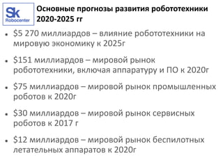  $5 270 миллиардов – влияние робототехники на
мировую экономику к 2025г
 $151 миллиардов – мировой рынок
робототехники, включая аппаратуру и ПО к 2020г
 $75 миллиардов – мировой рынок промышленных
роботов к 2020г
 $30 миллиардов – мировой рынок сервисных
роботов к 2017 г
 $12 миллиардов – мировой рынок беспилотных
летательных аппаратов к 2020г
Основные прогнозы развития робототехники
2020-2025 гг
 