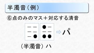 半濁音（例）
⑥点のみのマス＋対応する清音
ハ
パ
（半濁音）
 