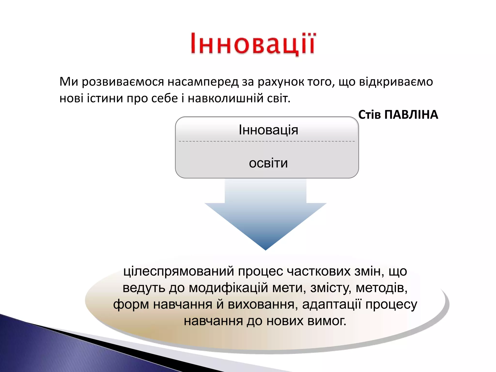 Інновація
освіти
цілеспрямований процес часткових змін, що
ведуть до модифікацій мети, змісту, методів,
форм навчання й виховання, адаптації процесу
навчання до нових вимог.
Ми розвиваємося насамперед за рахунок того, що відкриваємо
нові істини про себе і навколишній світ.
Стів ПАВЛІНА
 