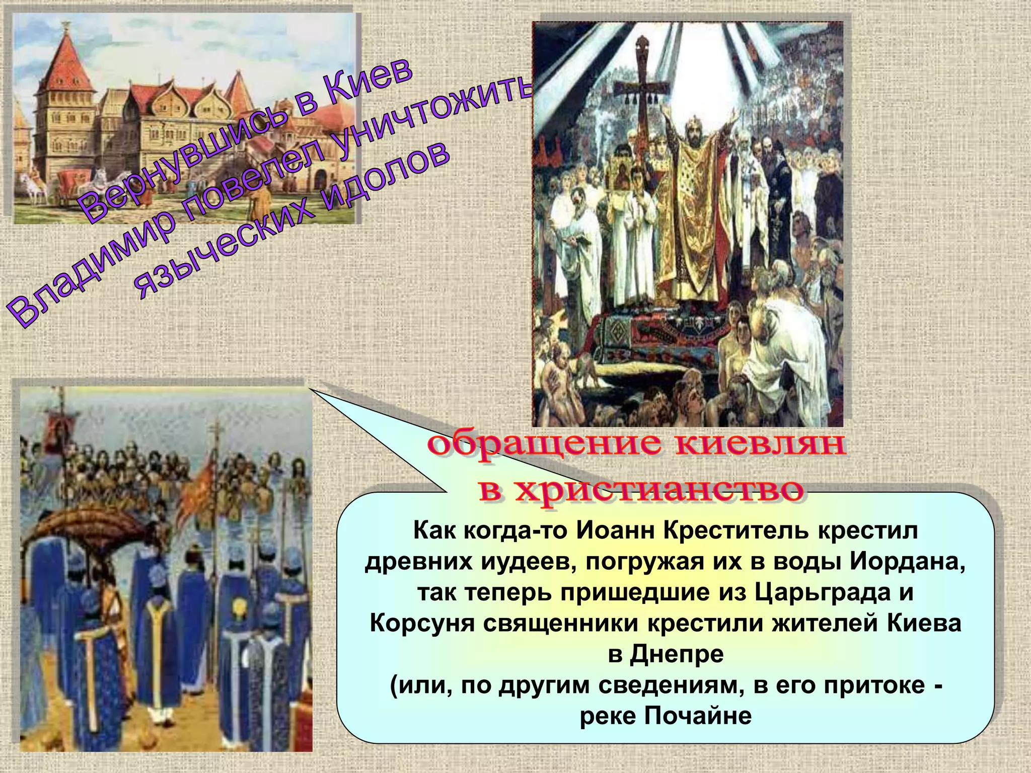 Как когда-то Иоанн Креститель крестил
древних иудеев, погружая их в воды Иордана,
так теперь пришедшие из Царьграда и
Корсуня священники крестили жителей Киева
в Днепре
(или, по другим сведениям, в его притоке -
реке Почайне
 