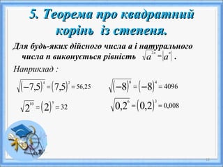 5. Теорема про квадратний5. Теорема про квадратний
корінь із степеня.корінь із степеня.
Для будь-яких дійсного числа а і натурального
числа п виконується рівність .
Наприклад :
12
( ) ( ) 25,565,75,7
24
==−
аа
пп
=
2
( ) 3222
510
==
( ) ( ) 409688
48
== −−
( ) 008,02,02,0
36
==
 