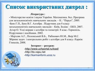 26
Список використаних джерел :Список використаних джерел :
Література :
- Міністерство освіти і науки України. Математика. 8кл. Програма
для загальноосвітніх навчальних закладів. – К.: “Перун”, 2005.
-Бевз Г.П., Бевз В.Г. Алгебра . Підручник для 8 класу
загальноосвітніх навчальних закладів – Київ, Зодіак – ЕКО, 2007.
-Істер О. Усні вправи з алгебри та геометрії. 8 клас.-Тернопіль.
Підручники і посібники. 2002.
- Мерзляк А.Г., Полонський В.Б., Рабінович Ю.М., Якір М.С.
Збірник задач і контрольних робіт з алгебри для 8 класу.-Харків:
Гімназія, 2008.
Інтернет – ресурси:
-http://www.uchportal.ru/load/
-http://ito.vspu.net
-http://karmanform.ucoz.ru
 