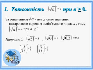 1. Тотожність при а ≥1. Тотожність при а ≥ 0.0.
За означенням - невід’ємне значення
квадратного кореня з невід’ємного числа а , тому
при а ≥ 0.
Наприклад: ;
8
( ) аа =
2
( ) аа =
2
( ) 55
2
=
5
2
5
2
2
=








7
3
7
3
2
=








( ) 2,02,0
2
=( ) 00
2
=
а
 