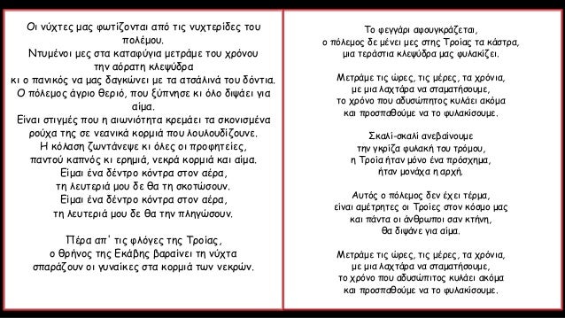 Î¤Î¿ Ï†ÎµÎ³Î³Î¬ÏÎ¹ Î±Ï†Î¿Ï…Î³ÎºÏÎ¬Î¶ÎµÏ„Î±Î¹,
Î¿ Ï€ÏŒÎ»ÎµÎ¼Î¿Ï‚ Î´Îµ Î¼Î­Î½ÎµÎ¹ Î¼ÎµÏ‚ ÏƒÏ„Î·Ï‚ Î¤ÏÎ¿Î¯Î±Ï‚ Ï„Î± ÎºÎ¬ÏƒÏ„ÏÎ±,
Î¼Î¹Î± Ï„ÎµÏÎ¬ÏƒÏ„Î¹Î± ÎºÎ»ÎµÏˆÏÎ´ÏÎ± Î¼Î±Ï‚ Ï†Ï…Î»Î±ÎºÎ¯Î¶ÎµÎ¹.
ÎœÎµÏ„ÏÎ¬Î¼Îµ Ï„Î¹Ï‚ ÏŽ...