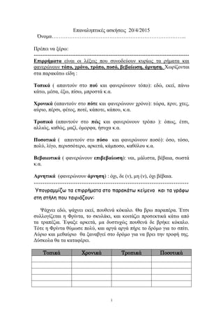 1
Επαναληπτικές ασκήσεις 20/4/2015
Όνομα…………………………………………………………………..
Πρέπει να ξέρω
-----------------------------------------------------------------------------------------
Επιρρήματα είναι οι λέξεις που συνοδεύουν κυρίως τα ρήματα και
φανερώνουν τόπο, χρόνο, τρόπο, ποσό, βεβαίωση, άρνηση. Χωρίζονται
στα παρακάτω είδη 
Τοπικά ( απαντούν στο πού και φανερώνουν τόπο): εδώ, εκεί, πάνω
κάτω, μέσα, έξω, πίσω, μπροστά κ.α.
Χρονικά (απαντούν στο πότε και φανερώνουν χρόνο): τώρα, πριν, χτες,
αύριο, πέρσι, φέτος, ποτέ, κάποτε, κάπου, κ.α.
Τροπικά (απαντούν στο πώς και φανερώνουν τρόπο ): όπως, έτσι,
αλλιώς, καθώς, μαζί, όμορφα, ήσυχα κ.α.
Ποσοτικά ( απαντούν στο πόσο και φανερώνουν ποσό): όσο, τόσο,
πολύ, λίγο, περισσότερο, αρκετά, κάμποσο, καθόλου κ.α.
Βεβαιωτικά ( φανερώνουν επιβεβαίωση): ναι, μάλιστα, βέβαια, σωστά
κ.α.
Αρνητικά (φανερώνουν άρνηση) : όχι, δε (ν), μη (ν), όχι βέβαια.
-----------------------------------------------------------------------
Υπογραμμίζω τα επιρρήματα στο παρακάτω κείμενο και τα γράφω
στη στήλη που ταιριάζουν:
Ψάχνει εδώ, ψάχνει εκεί, πουθενά κόκαλο. Θα βρω παραπέρα. Έτσι
συλλογίζεται η Φρίντα, το σκυλάκι, και κοιτάζει προσεκτικά κάτω από
τα τραπέζια. Έψαξε αρκετά, μα δυστυχώς πουθενά δε βρήκε κόκαλο.
Τότε η Φρίντα θύμωσε πολύ, και αργά αργά πήρε το δρόμο για το σπίτι.
Αύριο και μεθαύριο θα ξαναβγεί στο δρόμο για να βρει την τροφή της.
Δύσκολα θα τα καταφέρει.
Τοπικά Χρονικά Τροπικά Ποσοτικά
 