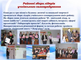 Один раз в три місяці в Будинку дитячої та юнацької творчості
проводяться збори лідерів учнівського самоврядування шкіл району.
На зборах вони діляться досвідом роботи “Я – шкільний лідер, за
мною майбутнє”, демонструють свої творчі здібності, інтереси у формі
презентацій “Лабораторія проектів”, буклетів, фотоколажів.
Використовуються різноманітні форми та методи роботи: тренінги;
анкети; лідерський квест; “Лідер року” та ін.
Районні збори лідерівРайонні збори лідерів
учнівського самоврядуванняучнівського самоврядування
 