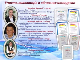 “Космічні фантазії” – 2013р.
Хоменко Ліна – І місце
Шевчук Вероніка – ІІ місце (номінація “Історія та
філософія. Астрономія”)
“Кінометр”- 2013р.
Бойчук Віталій, Романюк Василь, Ситар Дмитро,
Яковенко Дмитро – ІІІ місце (номінація
“Документальний публіцистичний фільм”)
“Майстри оригамі” – 2013 р.
Сологуб Олександр – ІІІ місце (номінація “Творча
майстерня”)
Поліщук Вікторія – ІІ місце (номінація “Чарівні кулі
кусудами”)
ІІІ загальнокомандне місце
“Інформаційні технології”- 2013р.
Сич Юрій – ІІ місце (номінація “Програмування”)
Щур Микола – ІІ місце (номінація “Office”)
ІІ загальнокомандне місце
“Мирний космос” – 2013р.
Лаврентьєва Анастасія – ІІІ місце (номінація
“Астрономія”)
Бондаренко Валентина – ІІ місце (номінація “Людина.
Земля. Всесвіт”)
Хоменко Ліна – ІІІ місце (номінація “Людина. Земля.
Всесвіт”)
“Юні фотоаматори” – 2013
Кривонос Максим – Диплом І ступеня
Полохач Анна – Диплом І ступеня
І загальнокомандне місце
Участь вихованців в обласних конкурсах
 