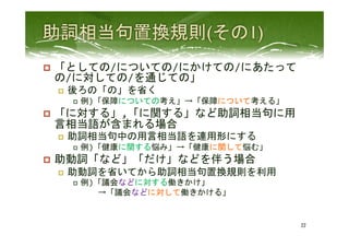 p  「としての/についての/にかけての/にあたって
の/に対しての/を通じての」	
  
p  後ろの「の」を省く	
  
p  例)「保障についての考え」→「保障について考える」	
  
p  「に対する」,「に関する」など助詞相当句に用
言相当語が含まれる場合	
  
p  助詞相当句中の用言相当語を連用形にする	
  
p  例)「健康に関する悩み」→「健康に関して悩む」	
  
p  助動詞「など」「だけ」などを伴う場合	
  
p  助動詞を省いてから助詞相当句置換規則を利用	
  
p  例)「議会などに対する働きかけ」	
  
　　　→「議会などに対して働きかける」	
  
22	
 
 