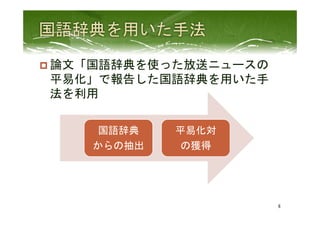 p 論文「国語辞典を使った放送ニュースの
平易化」で報告した国語辞典を用いた手
法を利用	
 
6	
 
国語辞典	
  
からの抽出	
 
平易化対	
  
の獲得	
 
 