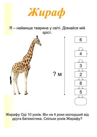Жираф
Я – найвища тварина у світі. Дізнайся мій
зріст.
? м
Жирафу Оді 10 років. Він на 4 роки молодший від
друга Бегемотика. Скільки років Жирафу?
6
4
3
2
8
5
 