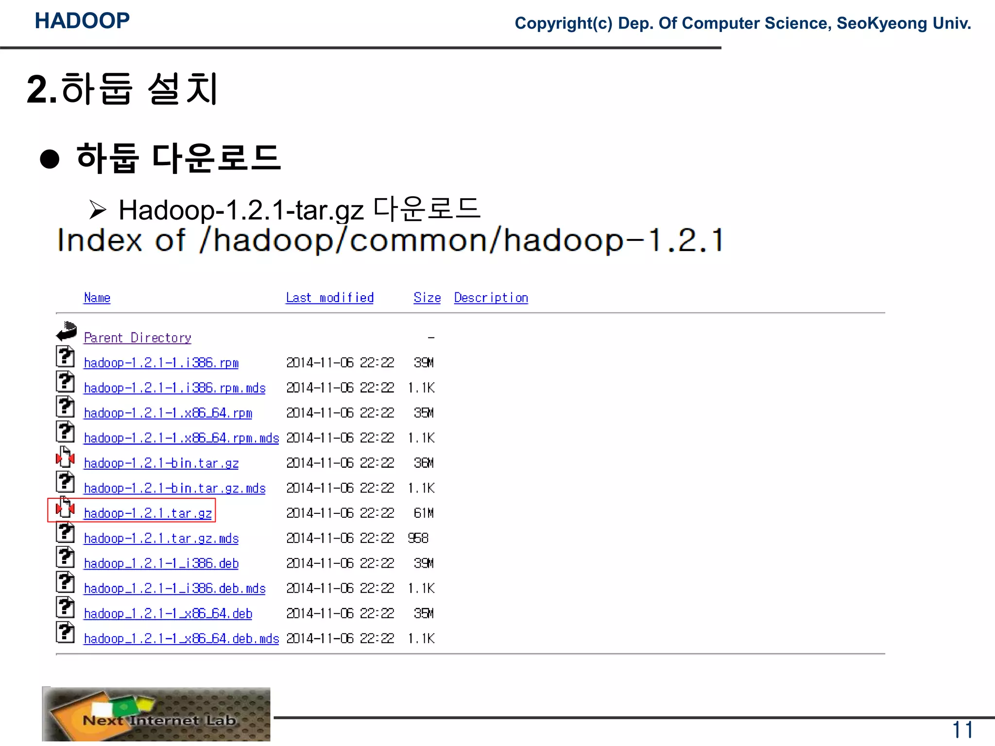 HADOOP Copyright(c) Dep. Of Computer Science, SeoKyeong Univ.
2.하둡 설치
 하둡 다운로드
 Hadoop-1.2.1-tar.gz 다운로드
11
 