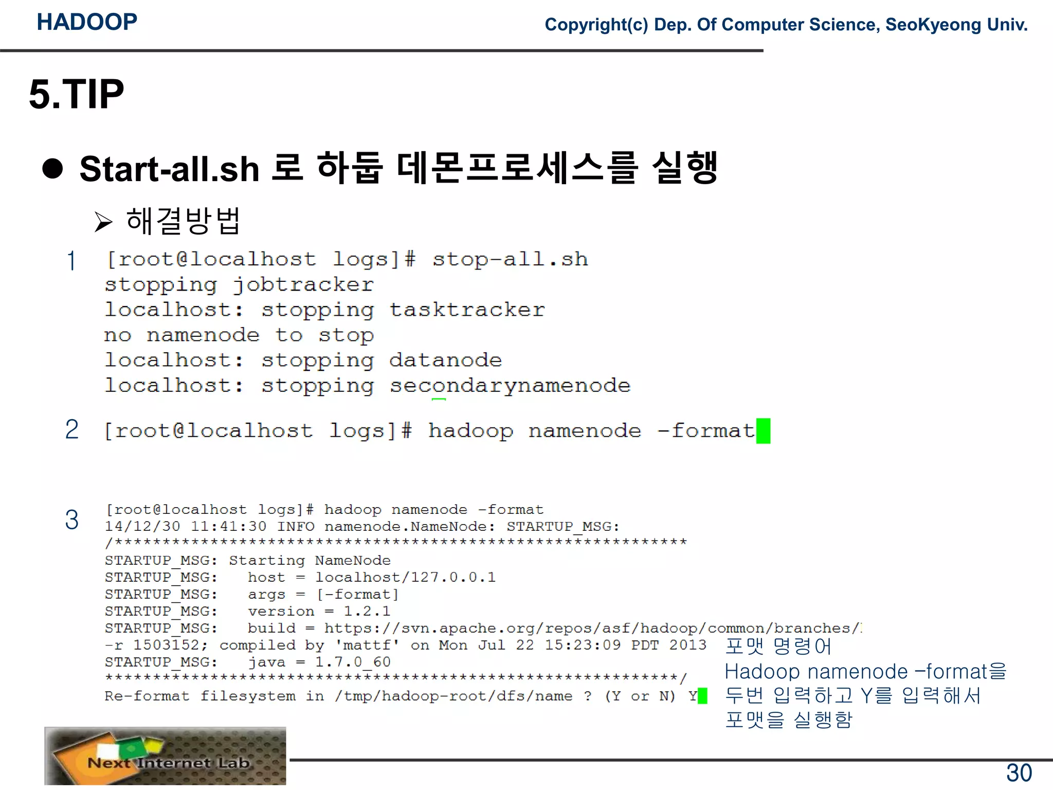 HADOOP Copyright(c) Dep. Of Computer Science, SeoKyeong Univ.
5.TIP
 Start-all.sh 로 하둡 데몬프로세스를 실행
 해결방법
30
1
2
3
포맷 명령어
Hadoop namenode –format을
두번 입력하고 Y를 입력해서
포맷을 실행함
 
